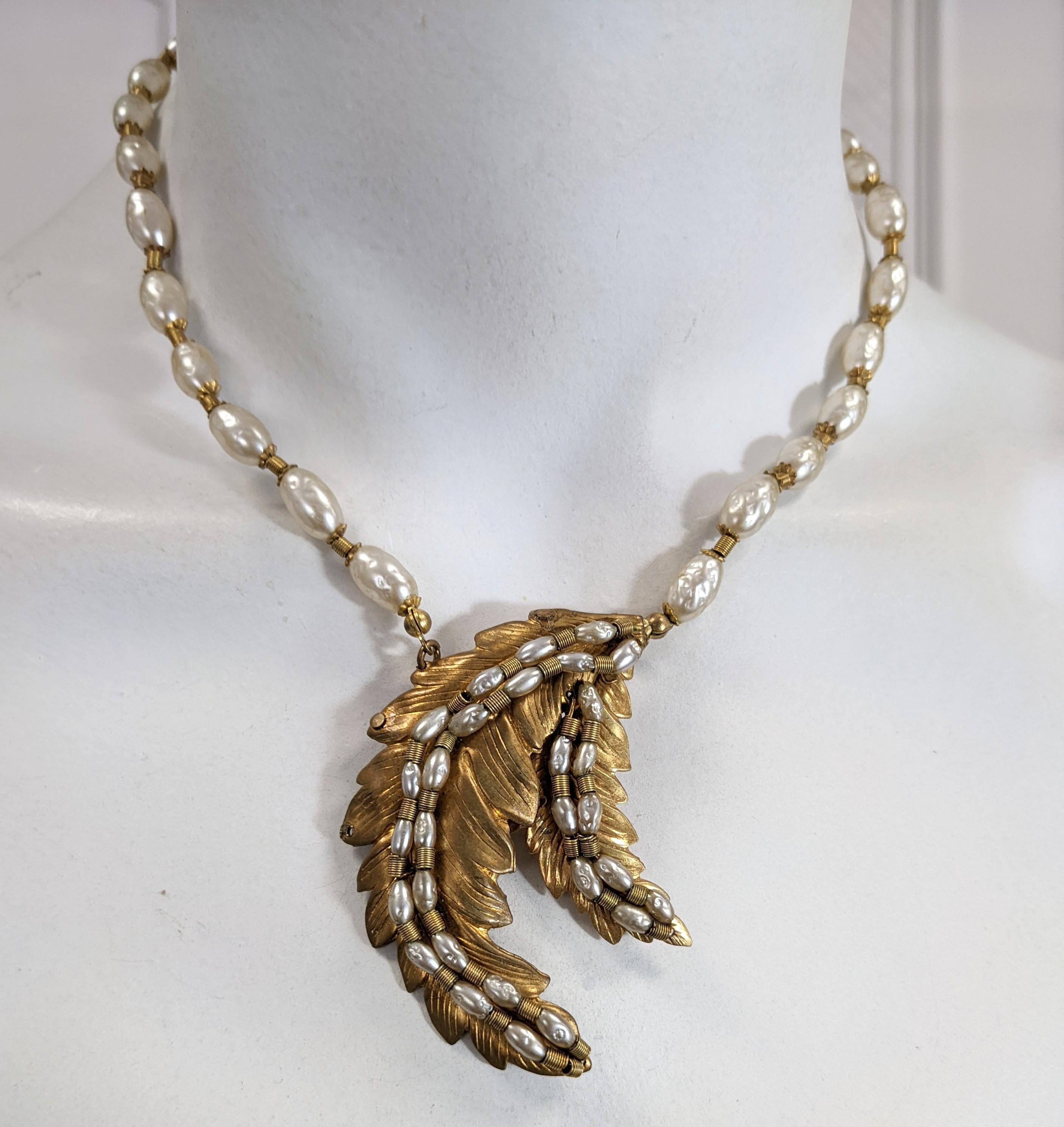 Miriam Haskell Pearl and Russian Gilt  Fern Leaf Necklace For Sale 1