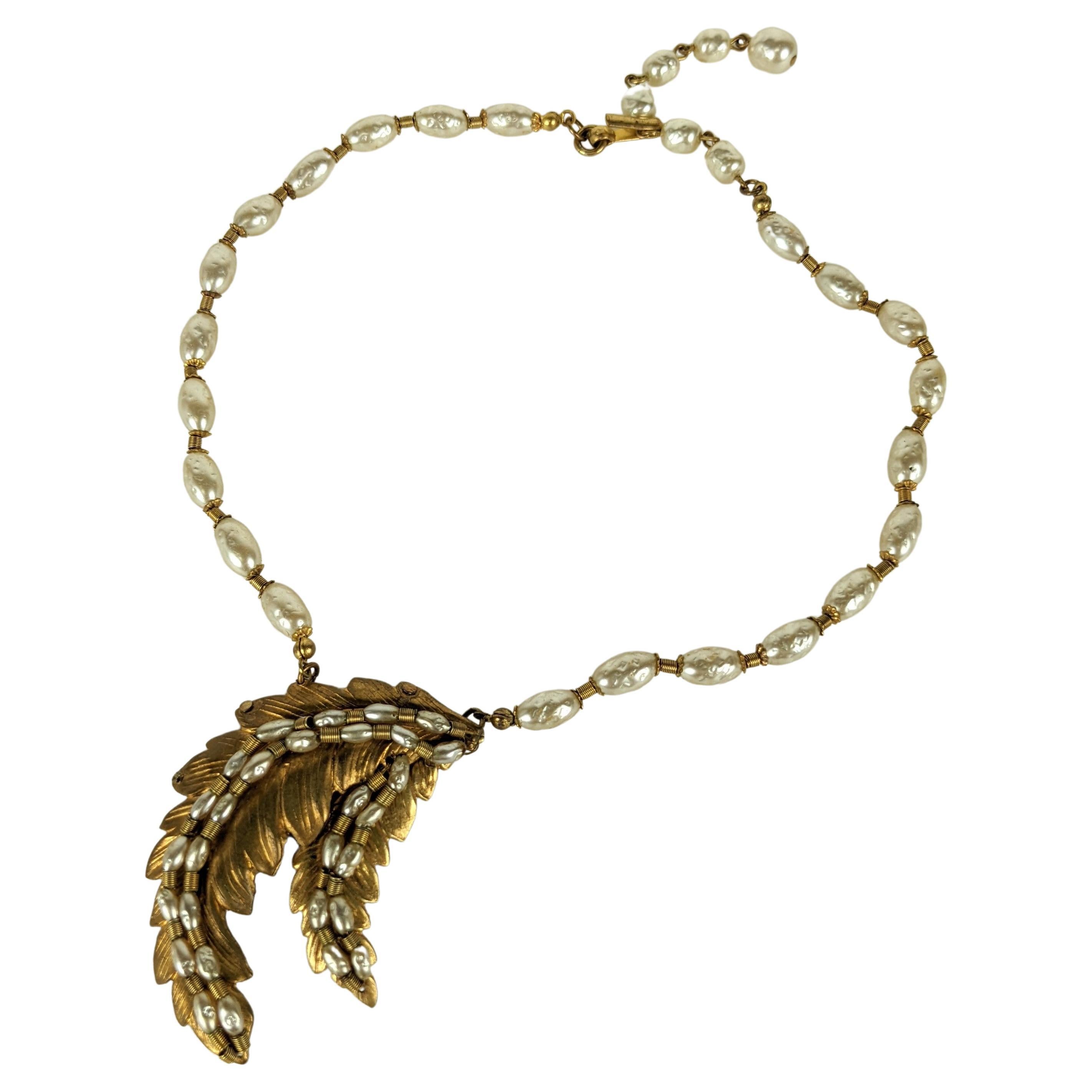 Miriam Haskell Pearl and Russian Gilt  Fern Leaf Necklace For Sale