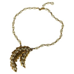 Vintage Miriam Haskell Pearl and Russian Gilt  Fern Leaf Necklace