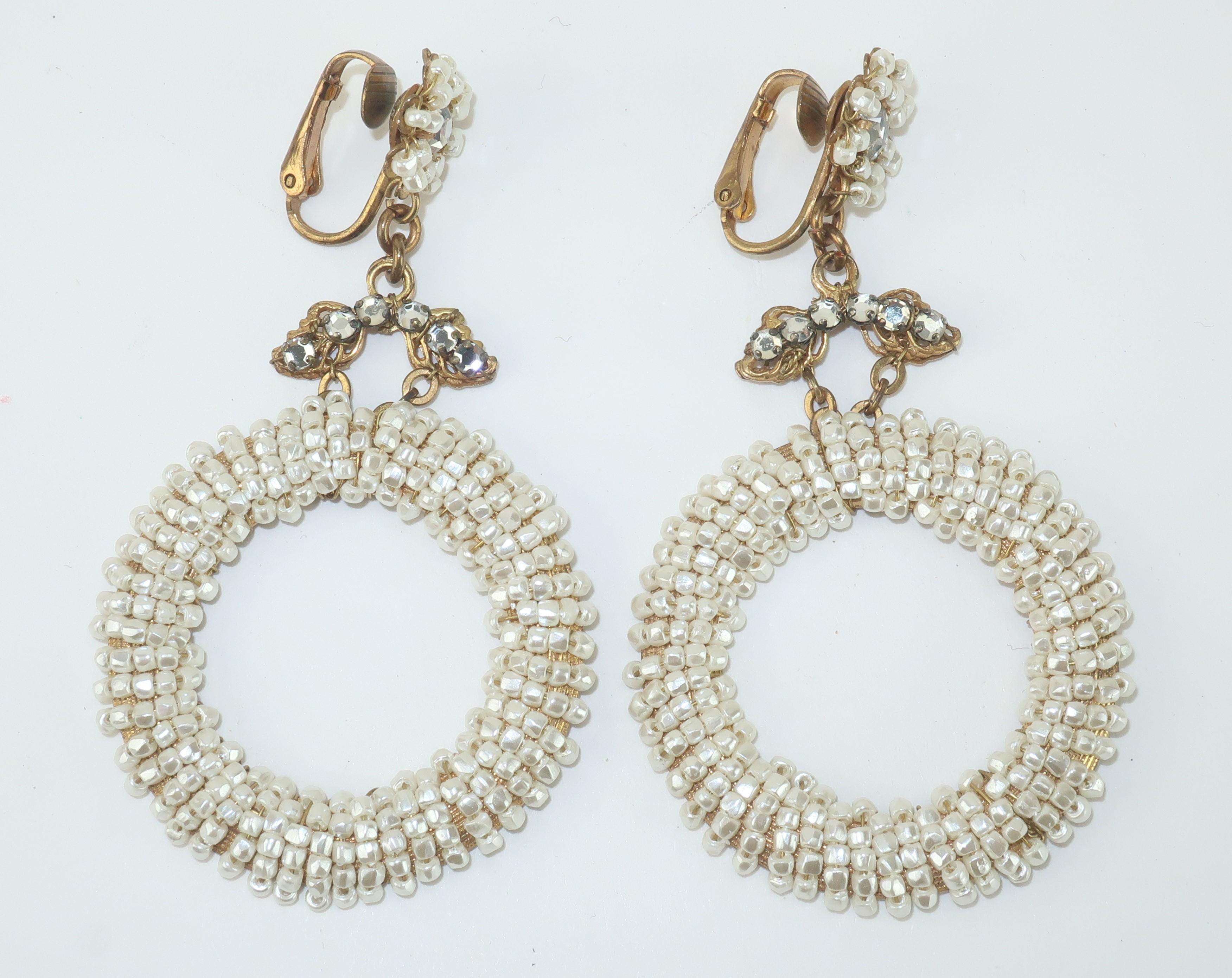 Baroque Revival Miriam Haskell Pearl & Crystal Rhinestone Hoop Earrings, C.1960 For Sale