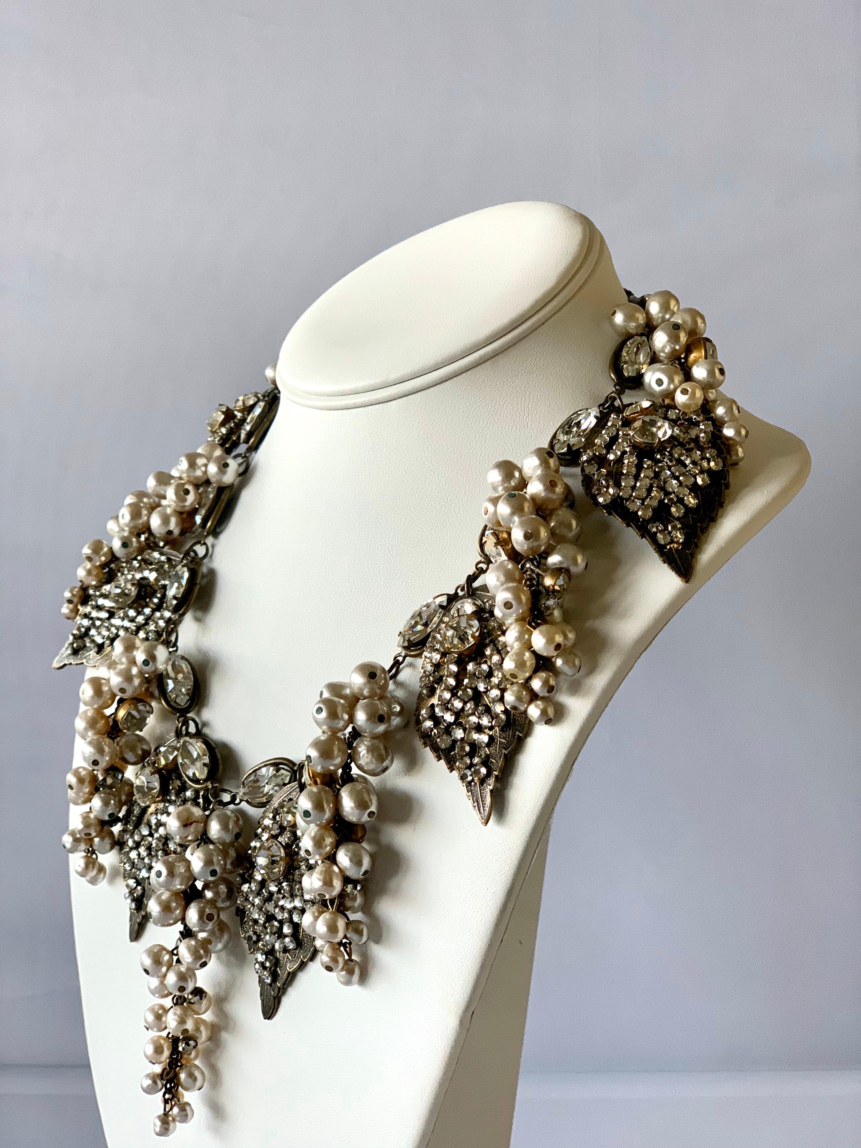 Miriam Haskell Pearl Grape Cluster Diamante Festoon Statement Necklace In Good Condition In Palm Springs, CA