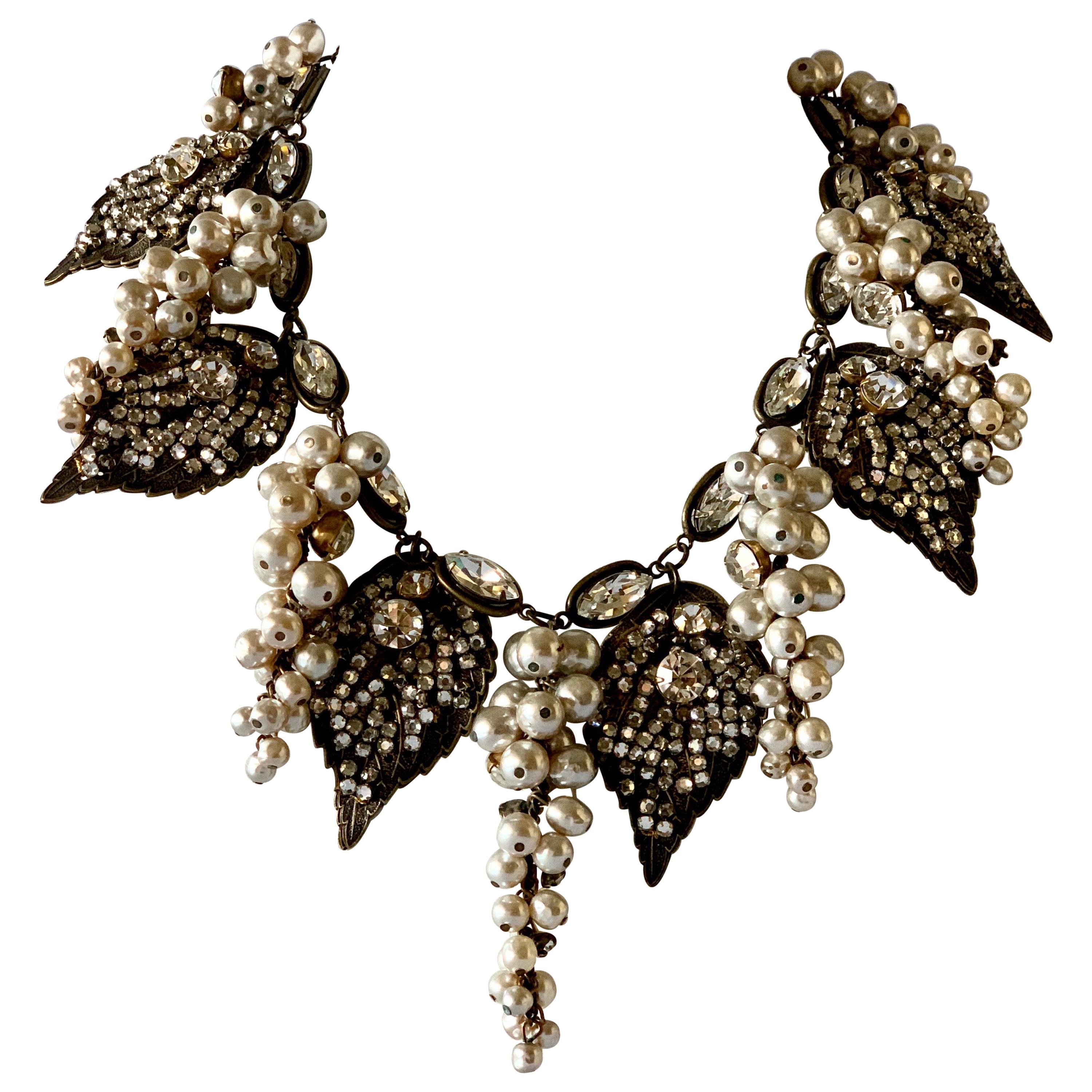 Miriam Haskell Pearl Grape Cluster Diamante Festoon Statement Necklace