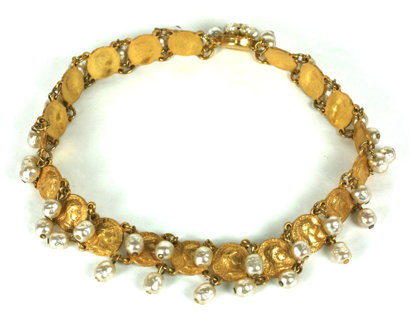 Attractive Miriam Haskell Pearl Pendant Choker in signature Russian gilt finish. Each link depicts a gilded antique coin with faux pearl drops dangling from top and bottom edges.  13