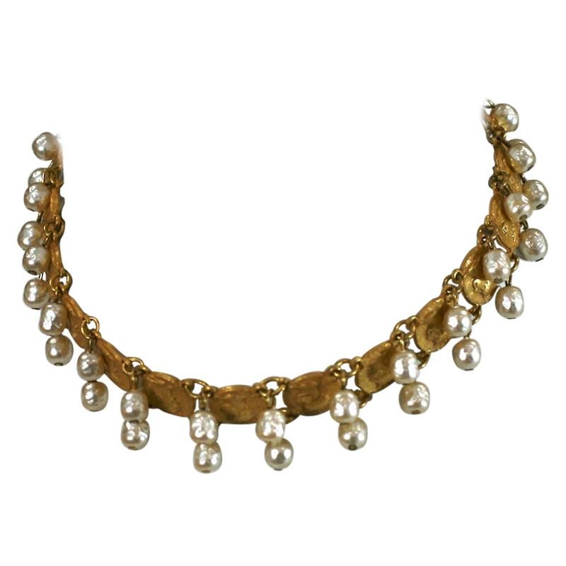 Miriam Haskell Pearl Pendant Coin Choker For Sale