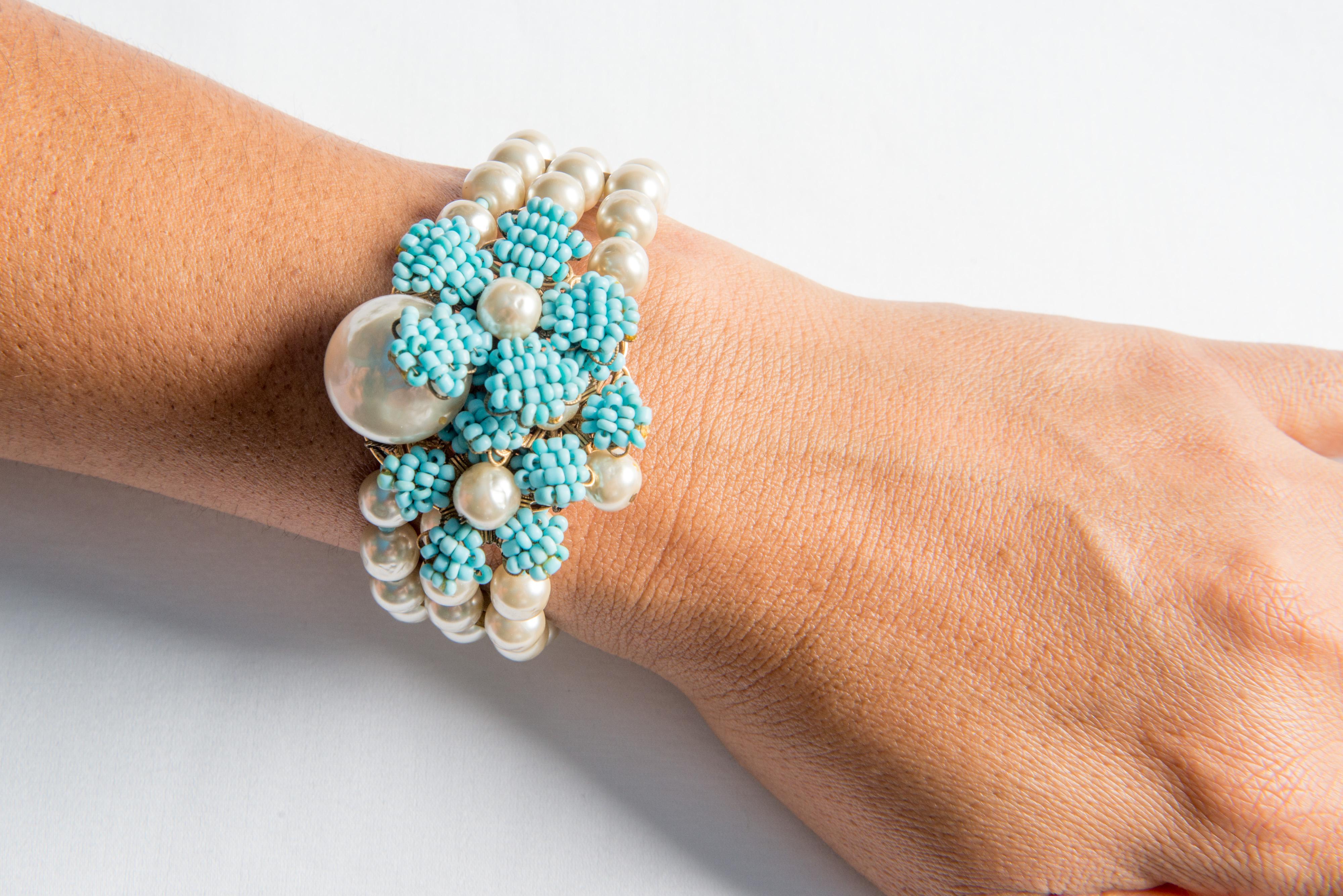Miriam Haskell Pearl, Turquoise Beaded Necklace and Bracelet Set 6