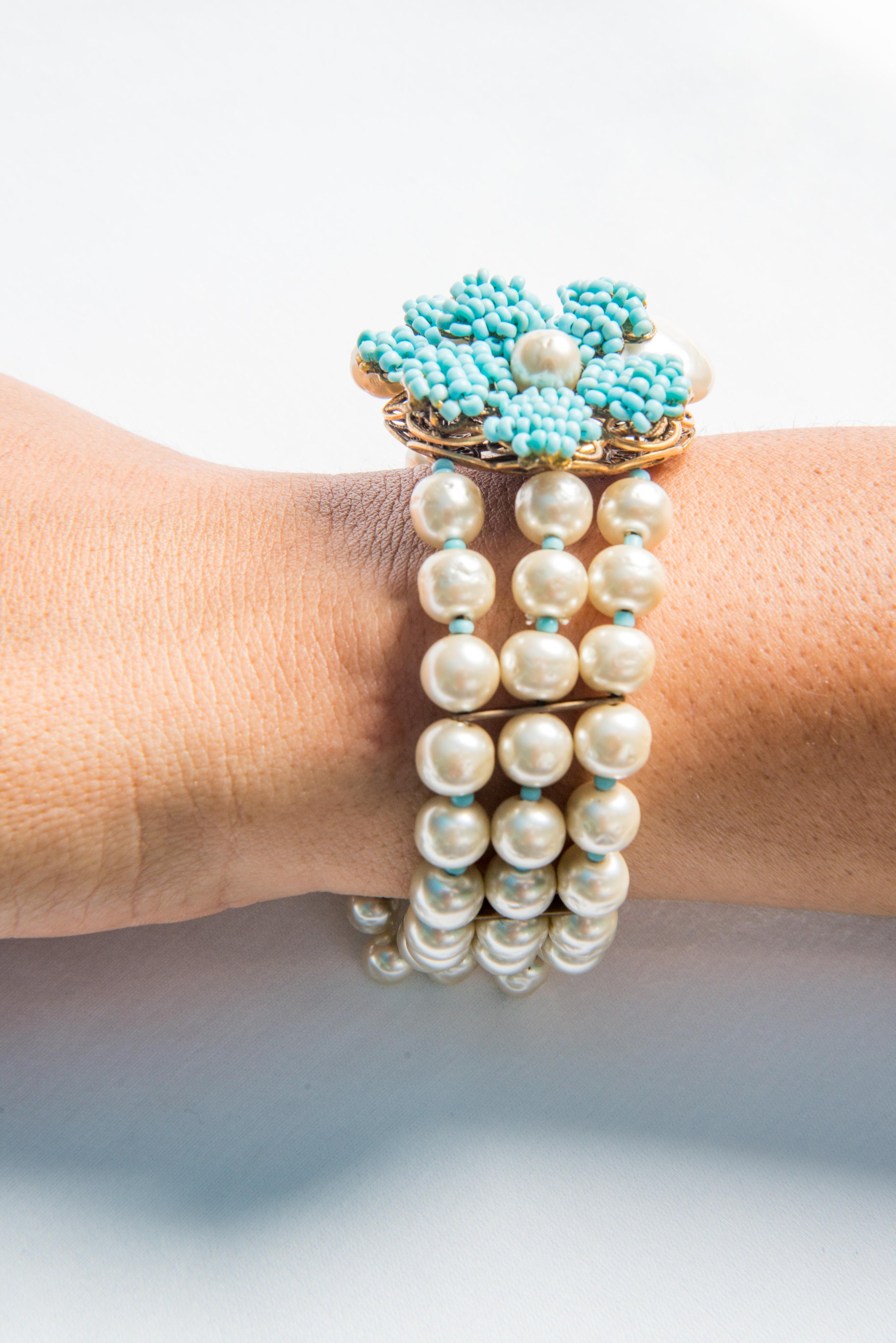 Miriam Haskell Set aus Halskette und Armband mit Perlen, türkisfarbenen Perlen und Perlen im Angebot 9