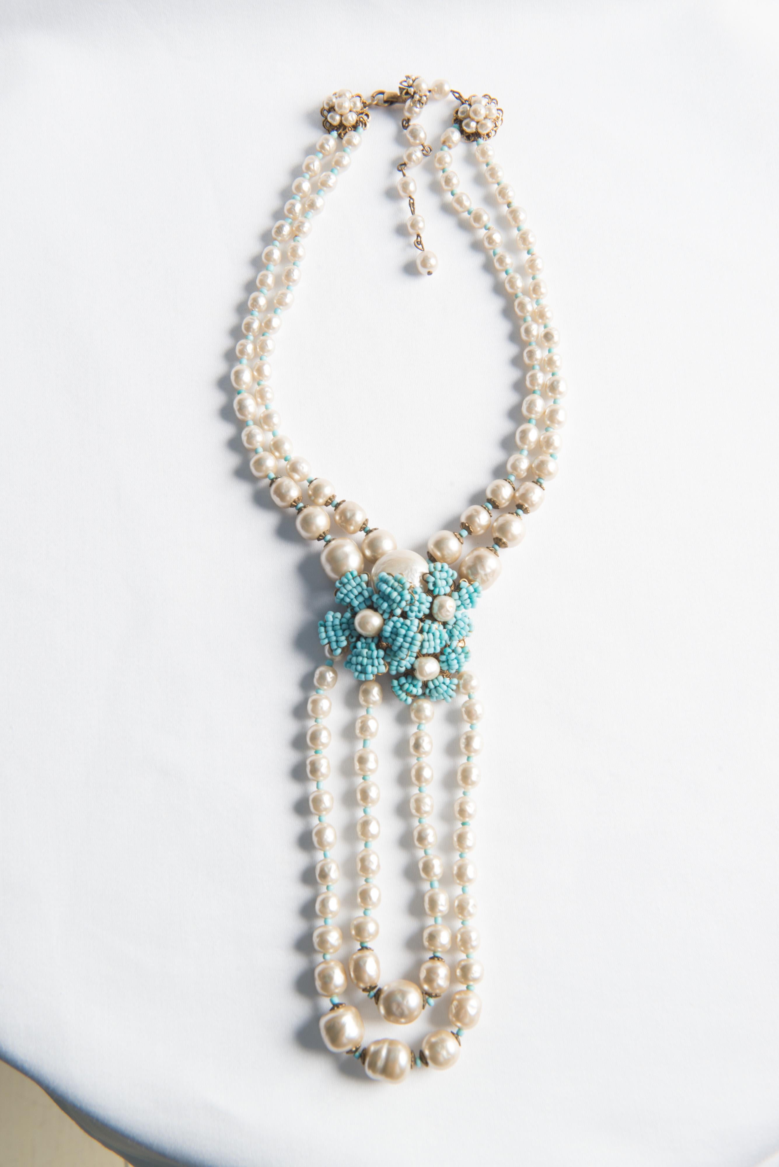 Miriam Haskell Pearl, Turquoise Beaded Necklace and Bracelet Set In Good Condition For Sale In Stamford, CT