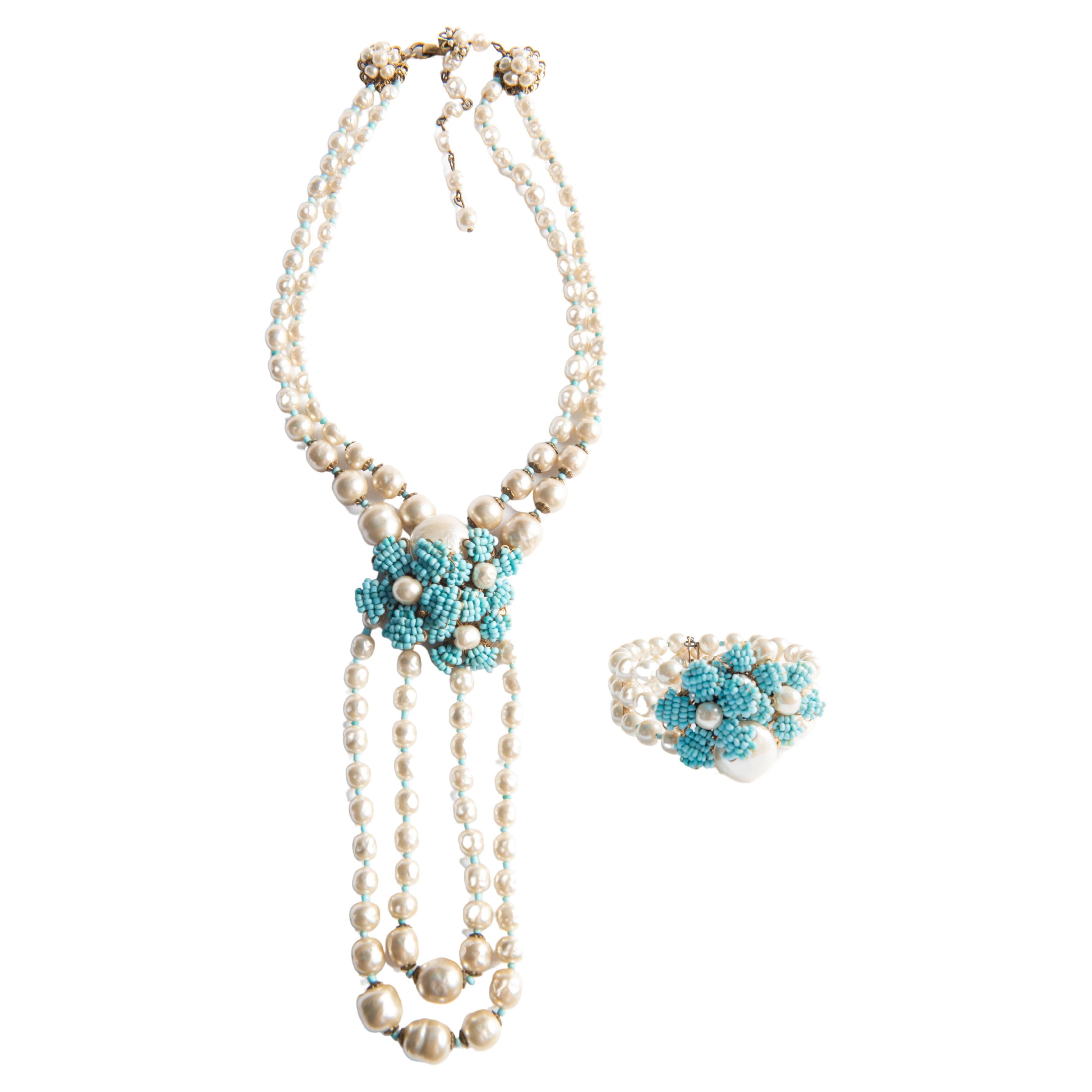 Miriam Haskell Pearl, Turquoise Beaded Necklace and Bracelet Set For Sale