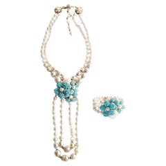 Miriam Haskell Pearl, Turquoise Beaded Necklace and Bracelet Set