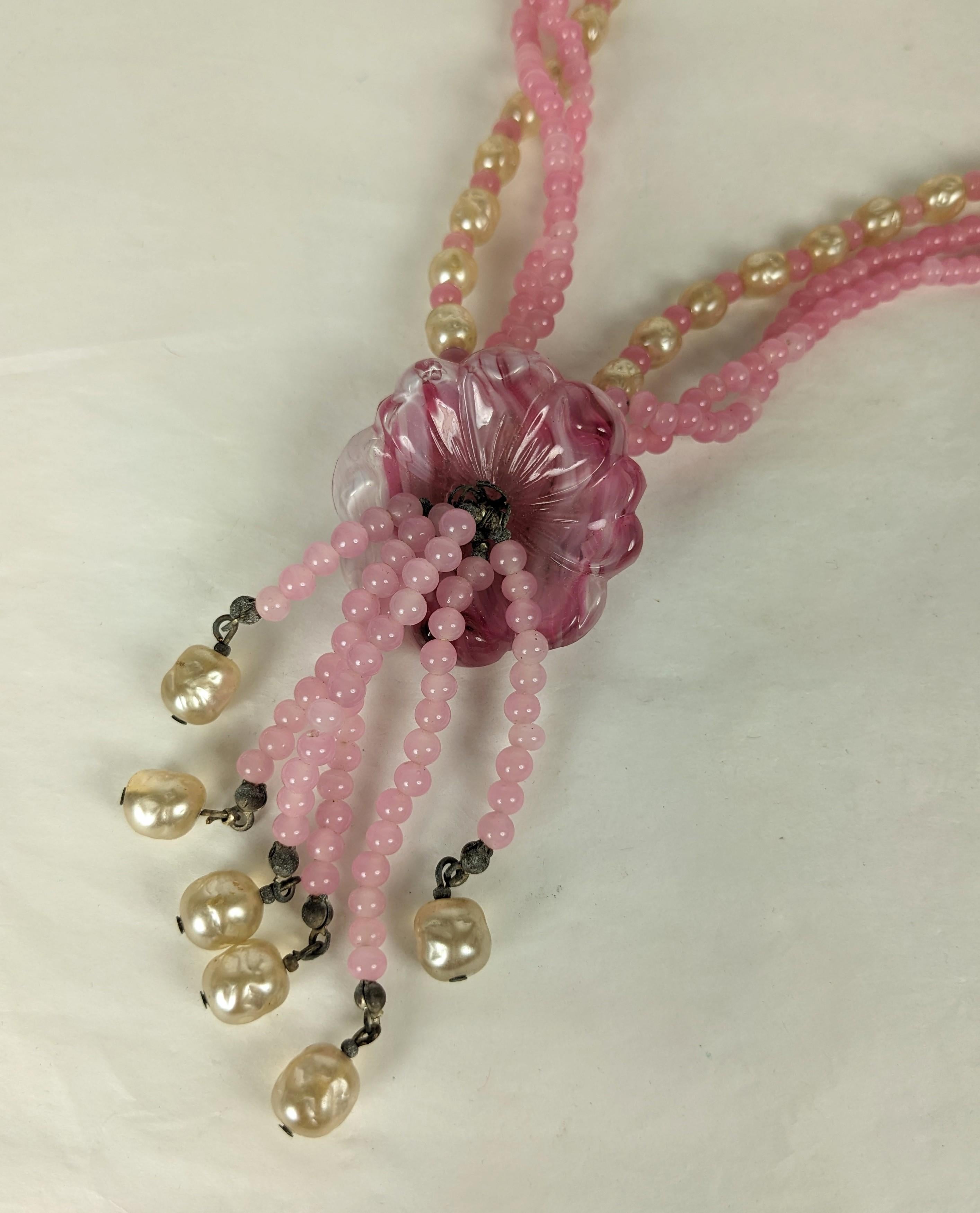 Romantic Miriam Haskell Pink Gripoix Glass and Pearl Pendant Necklace For Sale