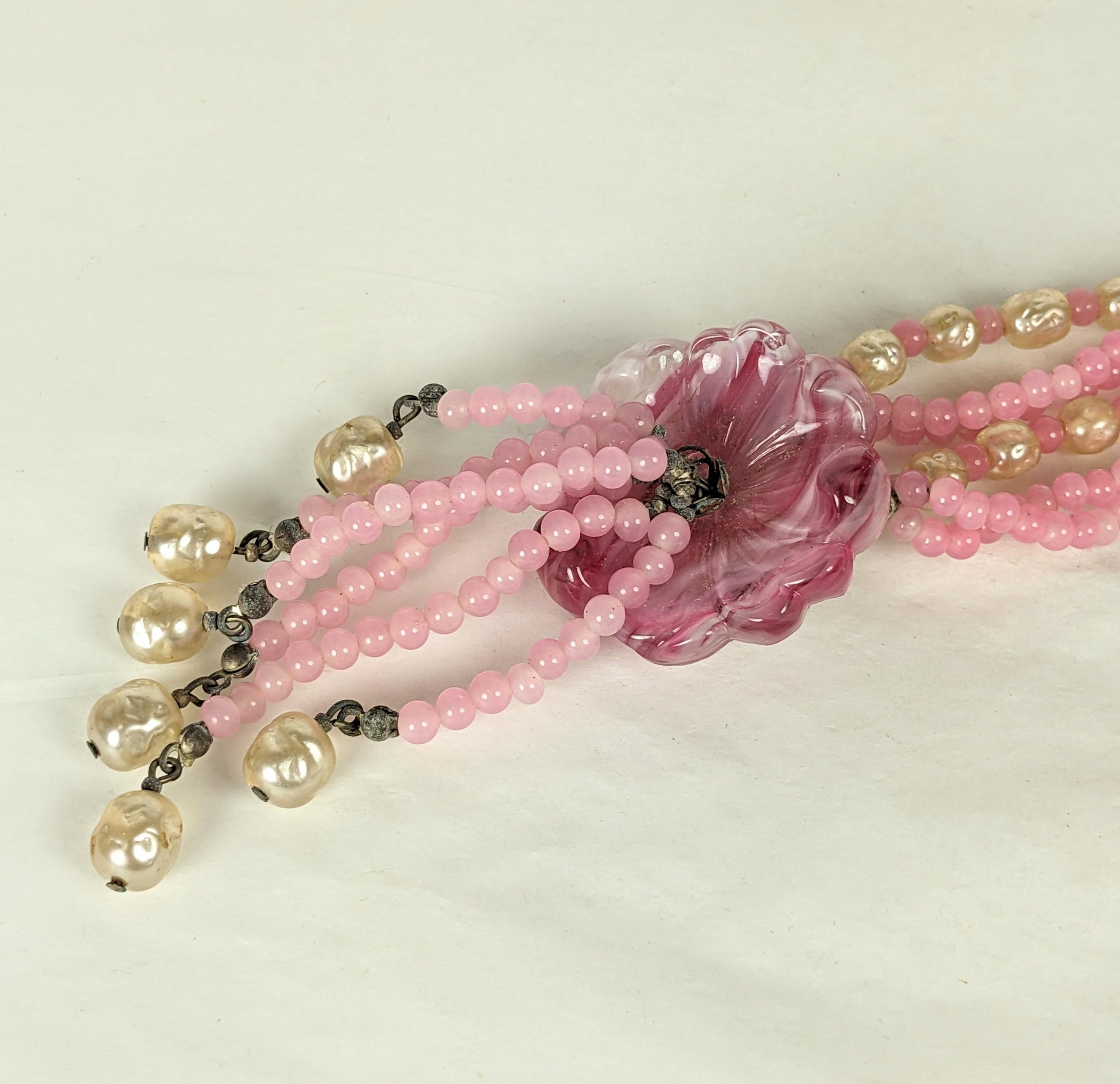 Miriam Haskell Pink Gripoix Glass and Pearl Pendant Necklace In Good Condition For Sale In New York, NY