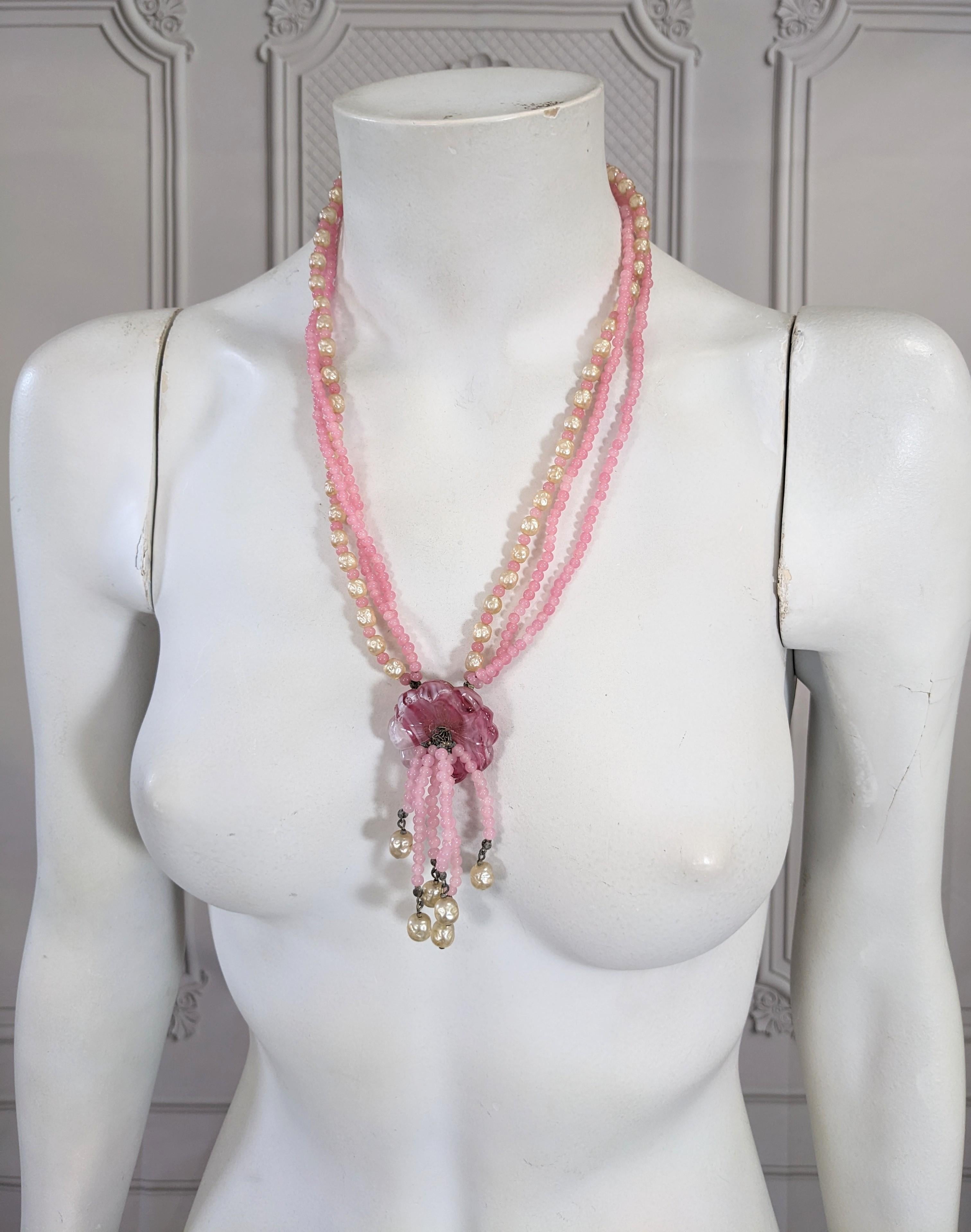 Miriam Haskell Pink Gripoix Glass and Pearl Pendant Necklace For Sale 1