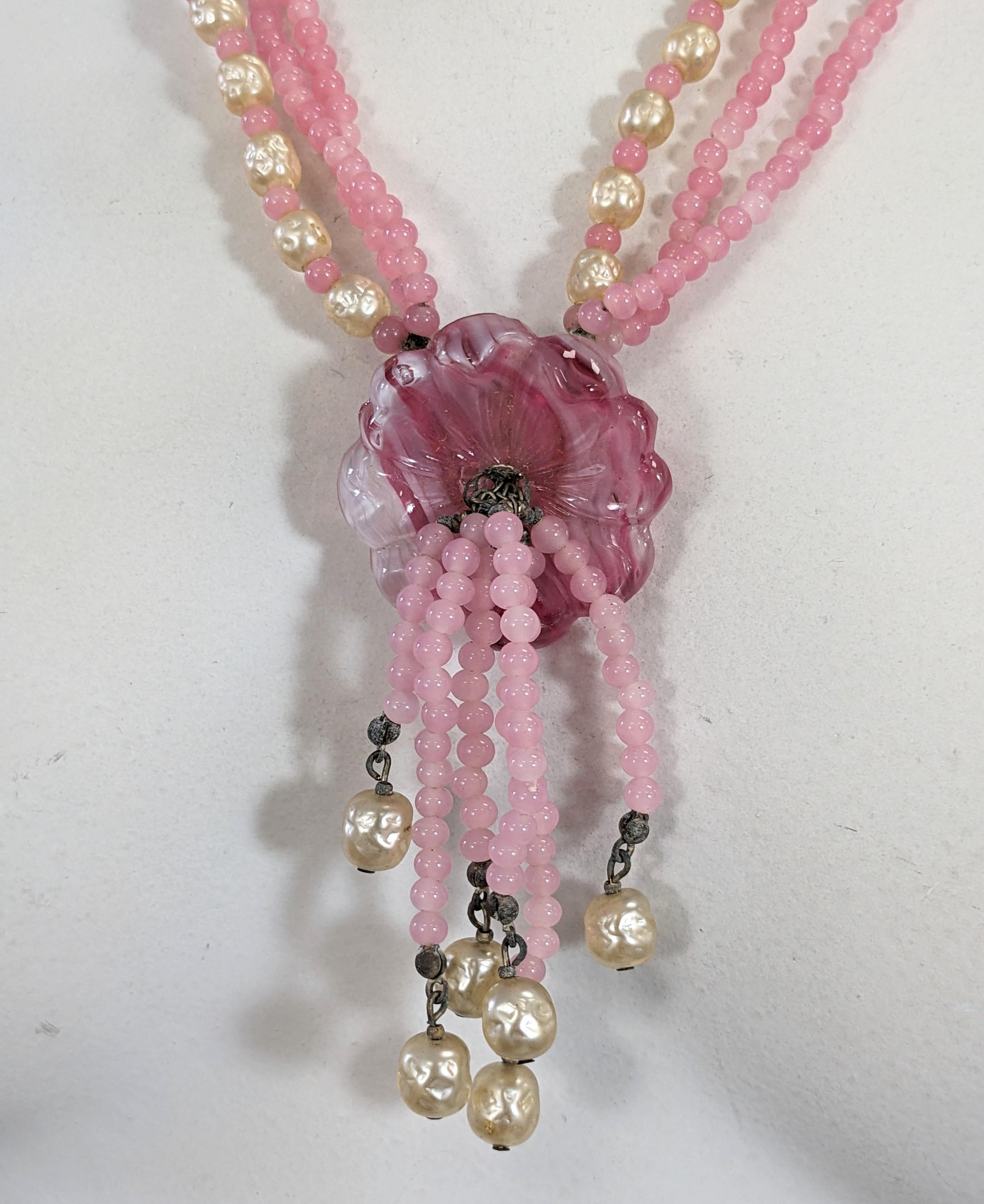 Miriam Haskell Pink Gripoix Glass and Pearl Pendant Necklace For Sale 2