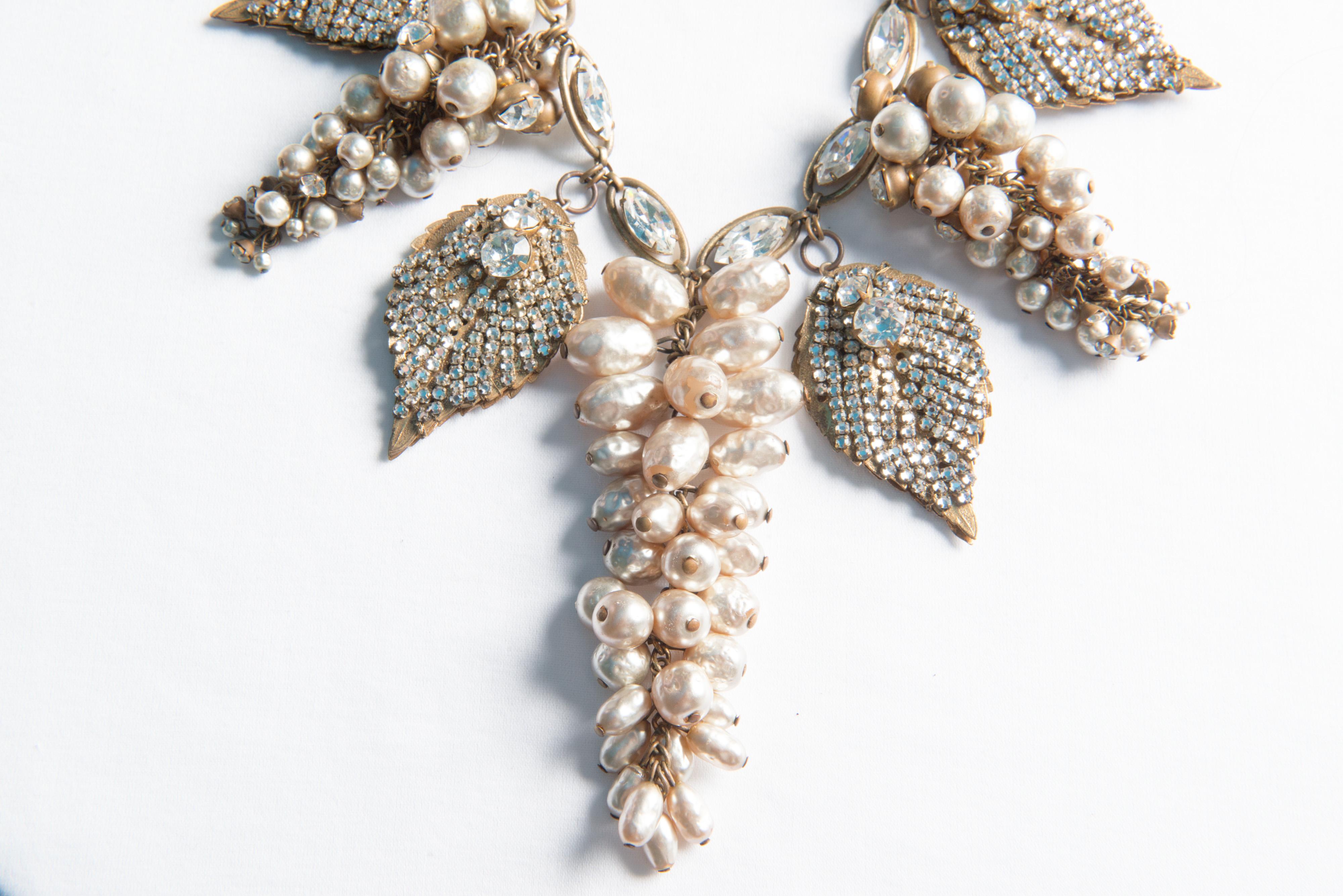 Miriam Haskell Rhinestone and Pearl Leaf Necklace, Earring Set In Good Condition In Stamford, CT