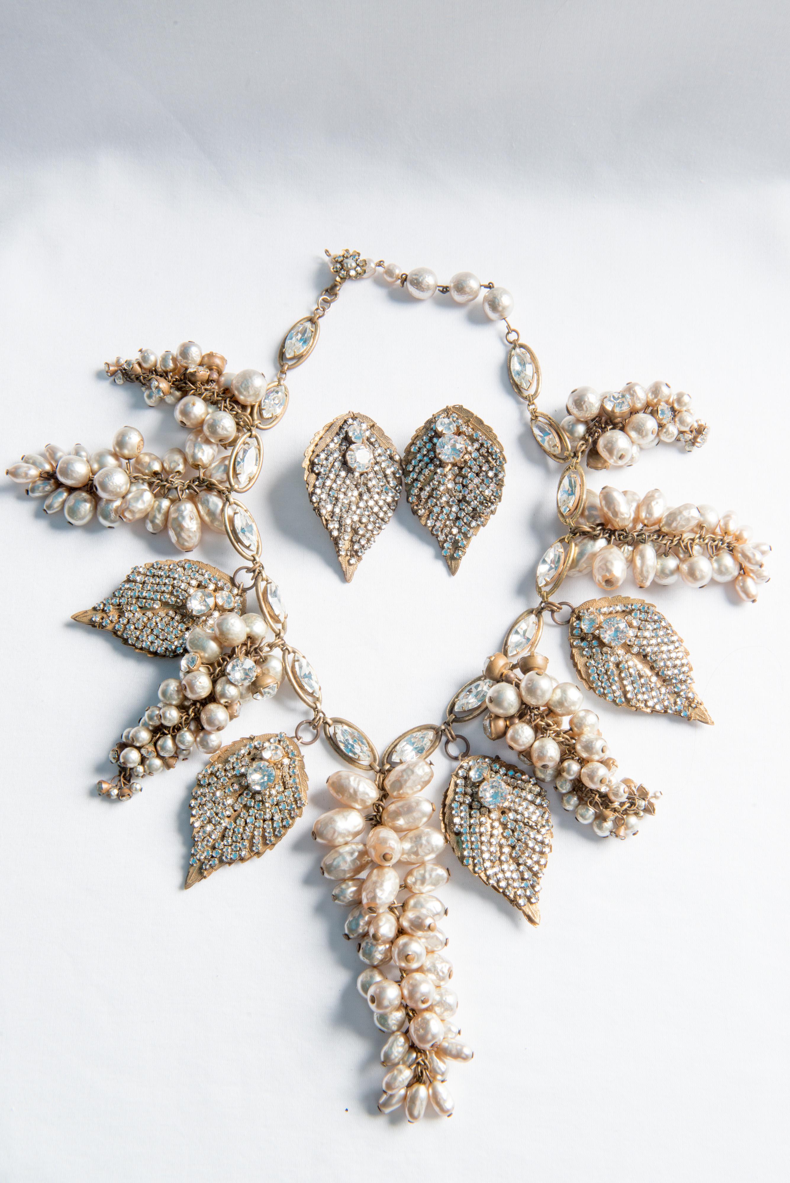 Women's Miriam Haskell Rhinestone and Pearl Leaf Necklace, Earring Set