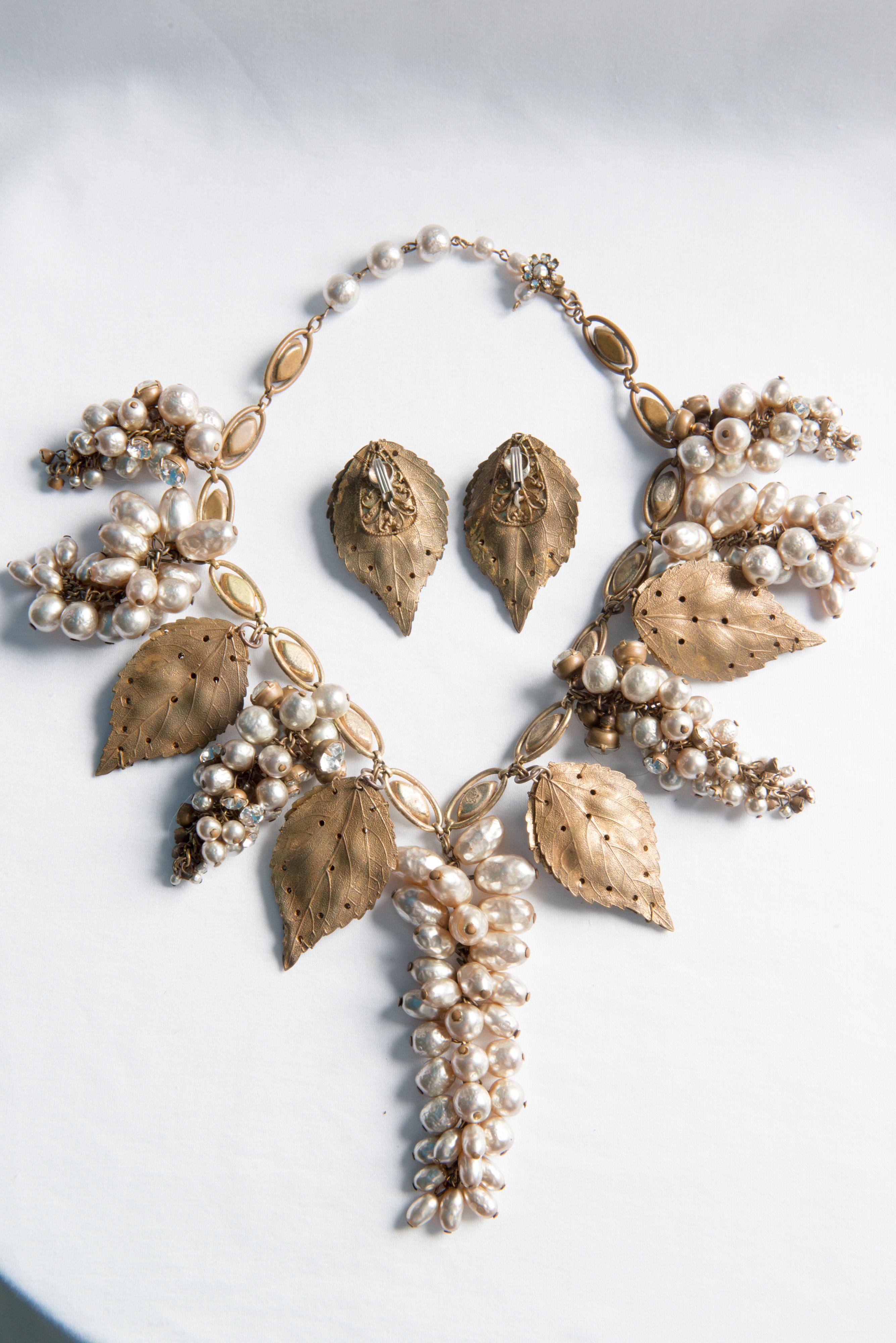 Miriam Haskell Rhinestone and Pearl Leaf Necklace, Earring Set 2