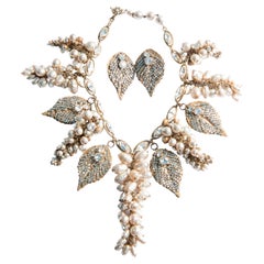 Miriam Haskell Rhinestone and Pearl Leaf Necklace, Earring Set