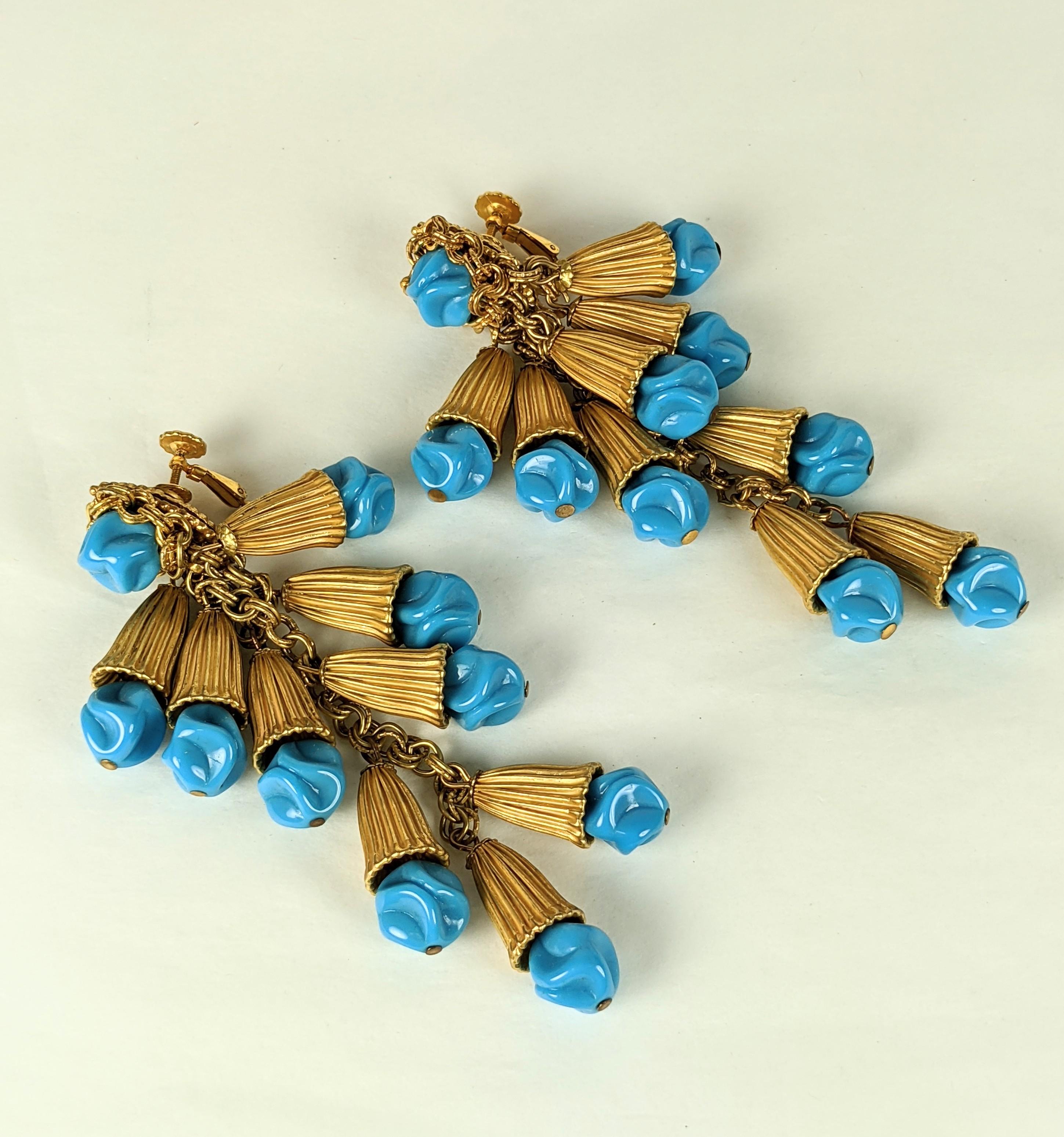 Miriam Haskell Ribbed Gold and Turquoise Pate de Verre Earrings  In Excellent Condition For Sale In New York, NY