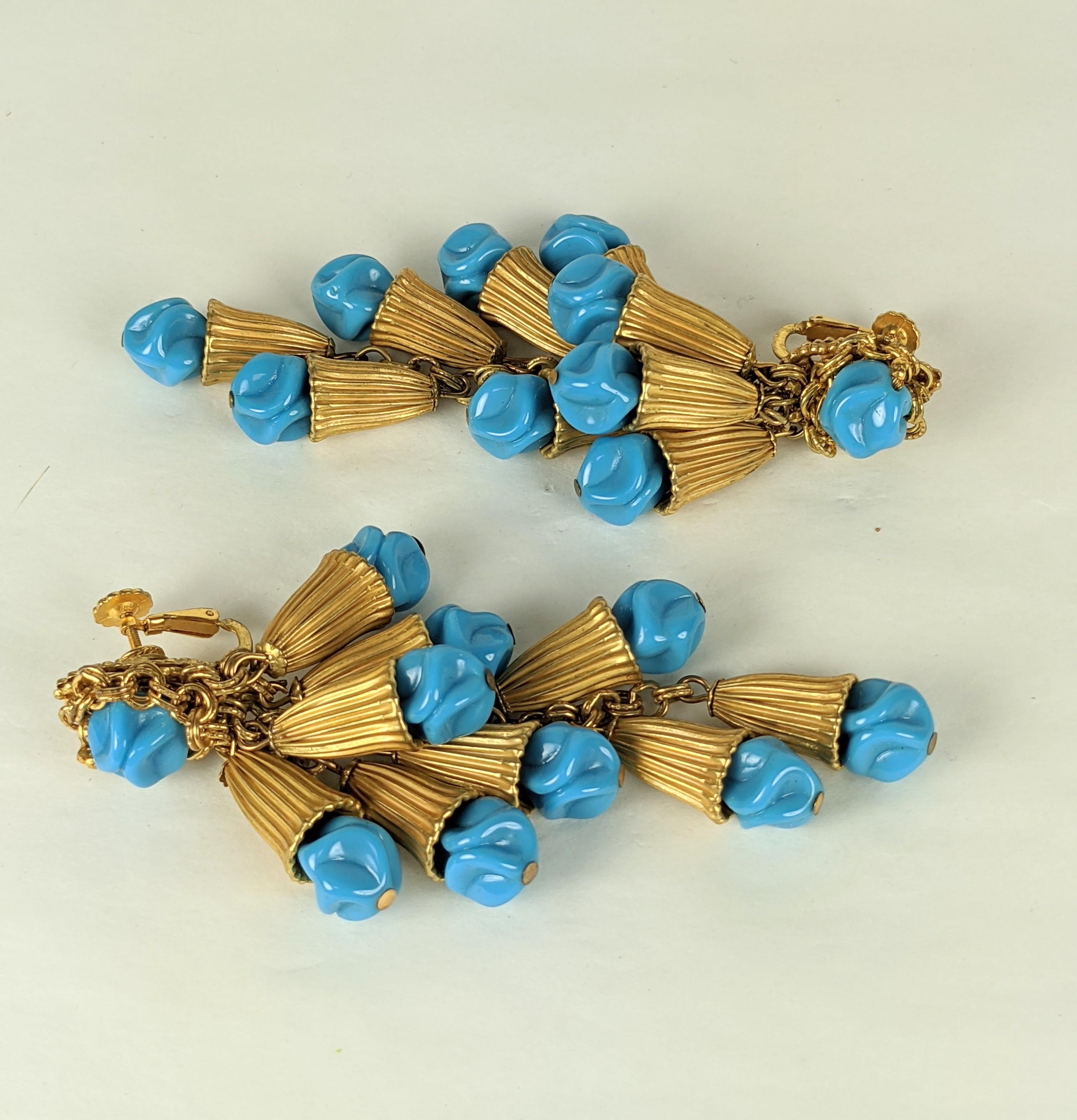 Women's or Men's Miriam Haskell Ribbed Gold and Turquoise Pate de Verre Earrings  For Sale