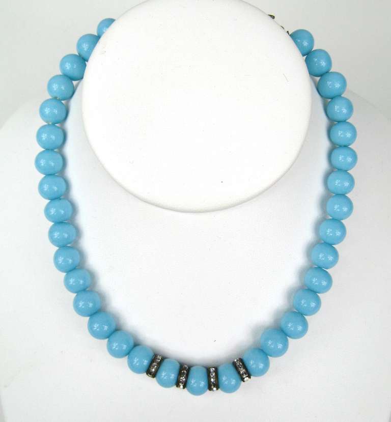 Stunning Robins Egg Blue on this Vintage Miriam Haskell Necklace. Hallmarked on the clasp, Miriam Haskell Beaded Glass Necklace. Graduated sized beading. Measuring 15 inch end to end. This is out of a massive collection of Hopi, Zuni, Navajo,