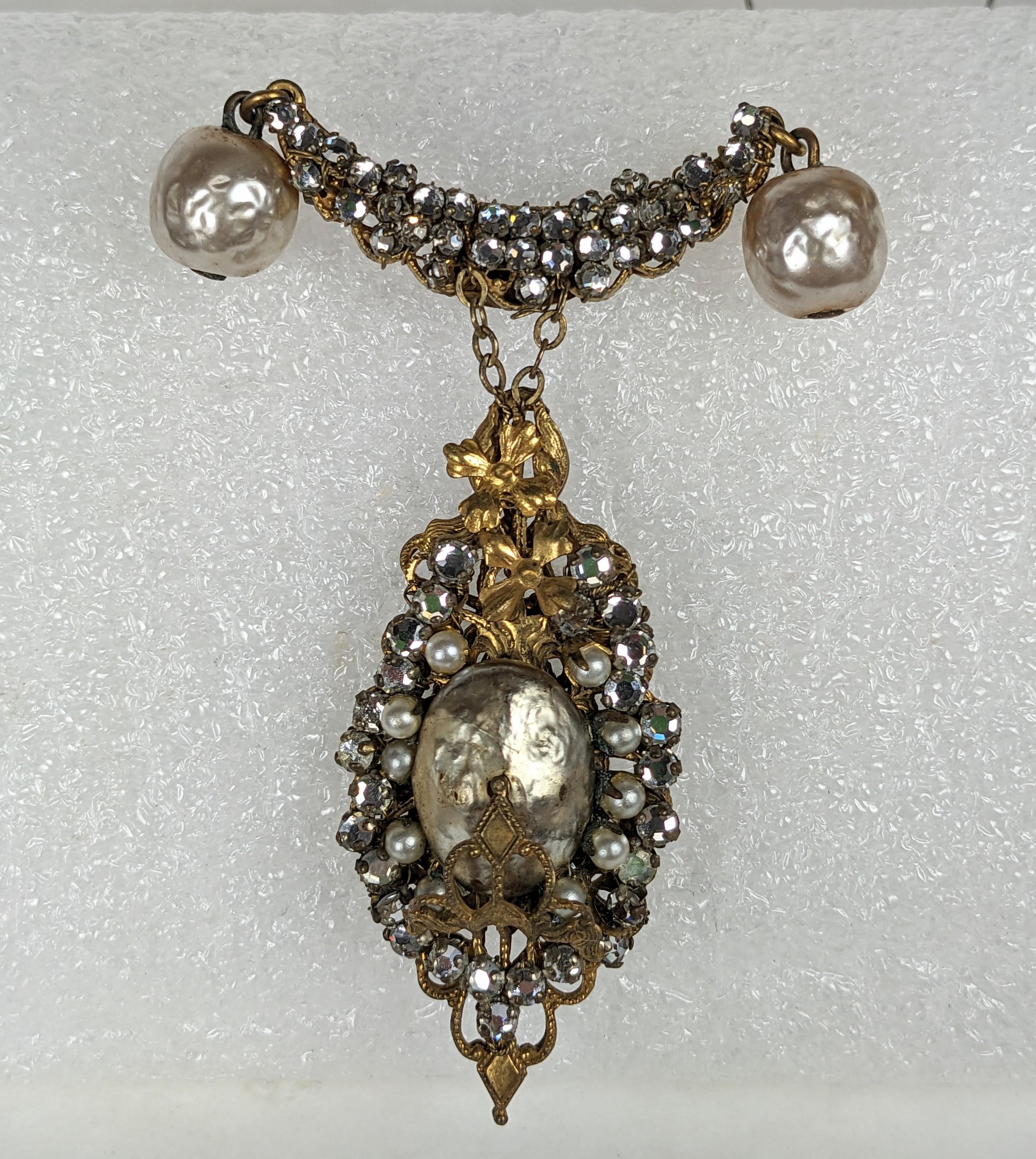 Artisan Miriam Haskell Rose Montee and Faux Pearl Pendant Brooch For Sale
