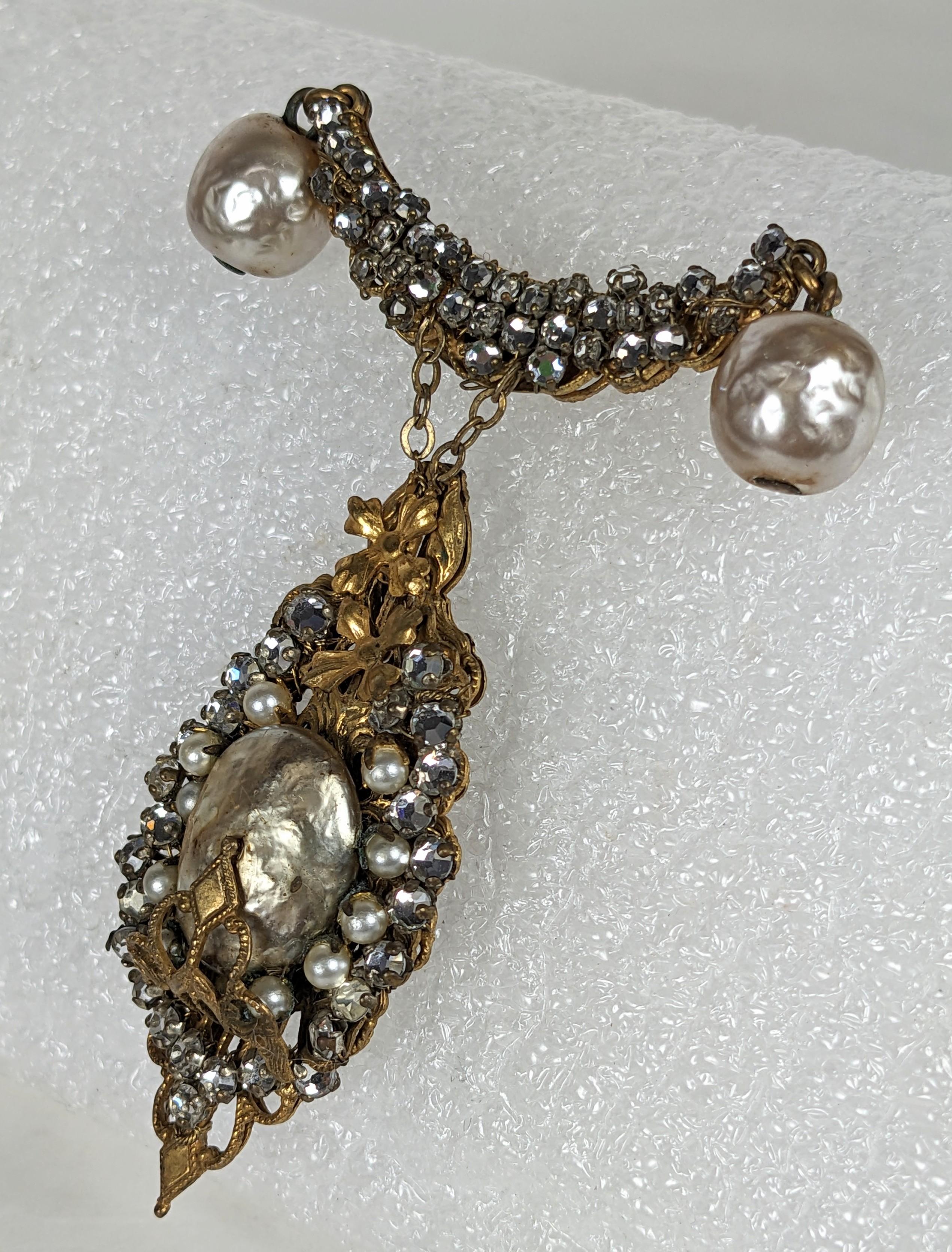 Miriam Haskell Rose Montee and Faux Pearl Pendant Brooch In Good Condition For Sale In New York, NY