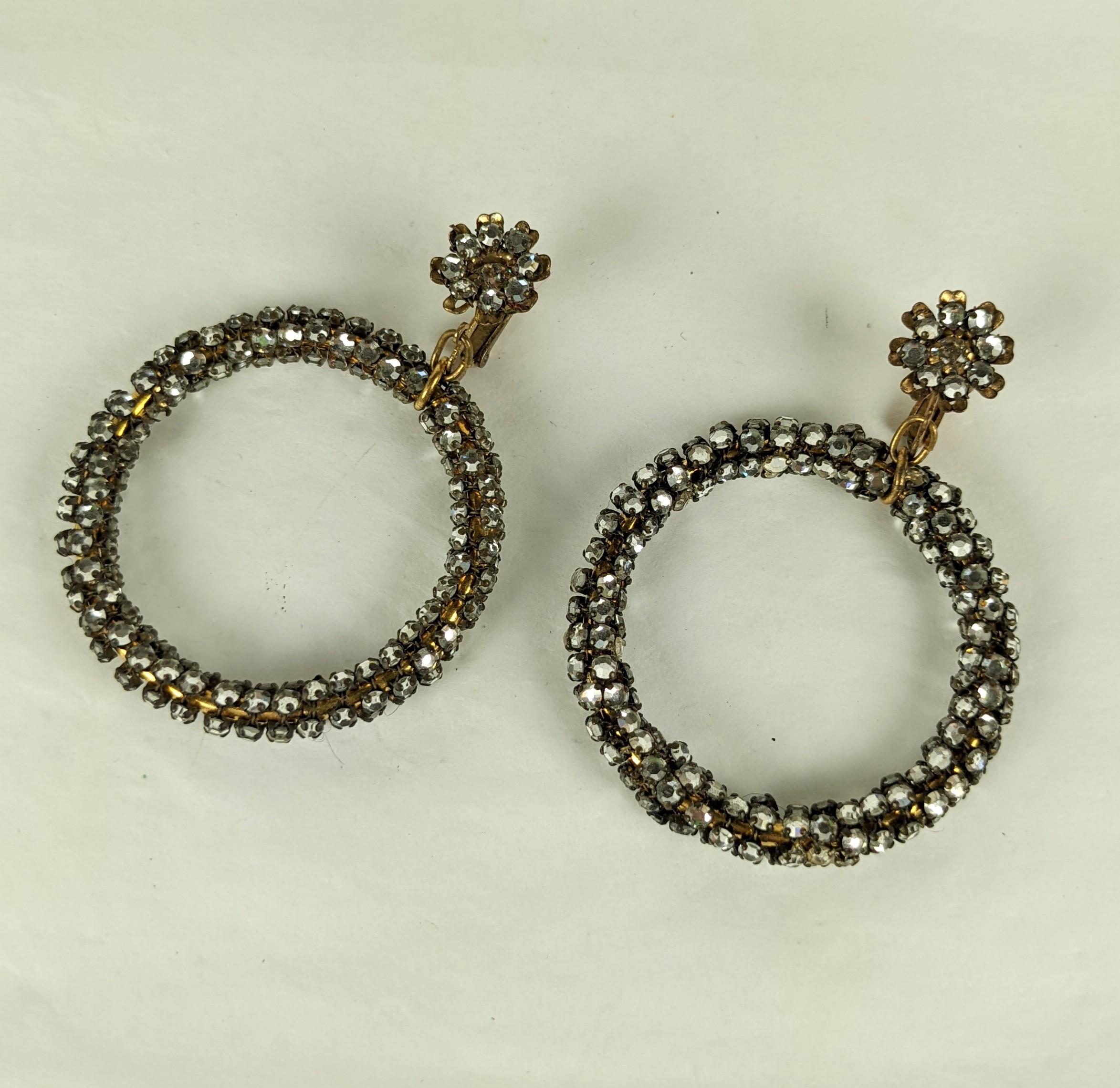 Miriam Haskell Rose Montee Hoop Earrings from the 1950's with clip back fittings. Hoops and flower top are completely covered with hand sewn rose montee crystals. 2.5