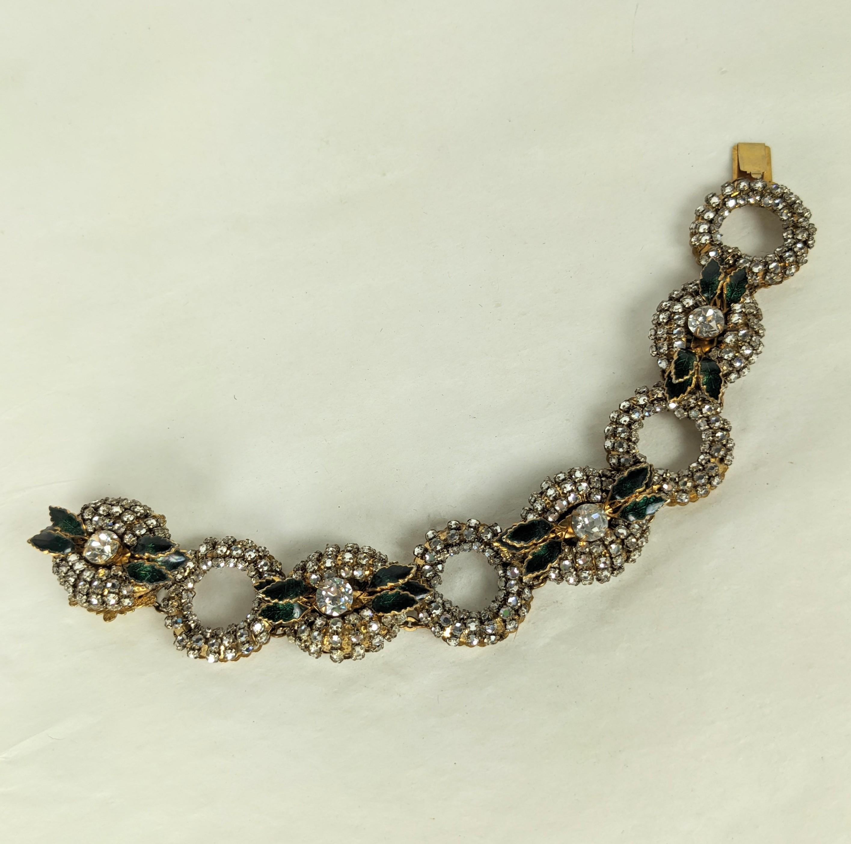 Retro Miriam Haskell Rose Montees Crystal Link and Enamel Bracelet For Sale