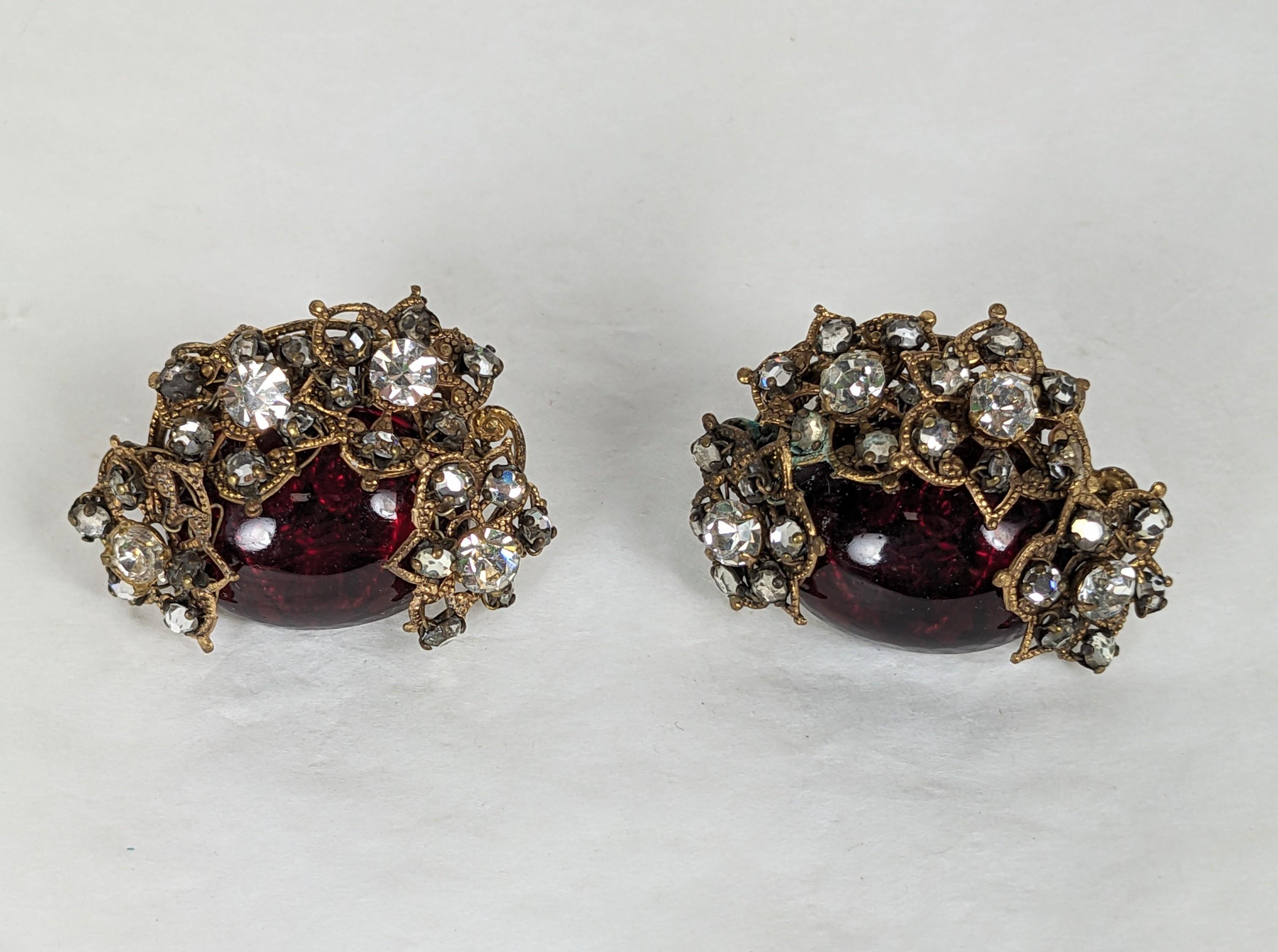 Miriam Haskell Ruby Cabochon and Crystal Earrings In Good Condition For Sale In New York, NY