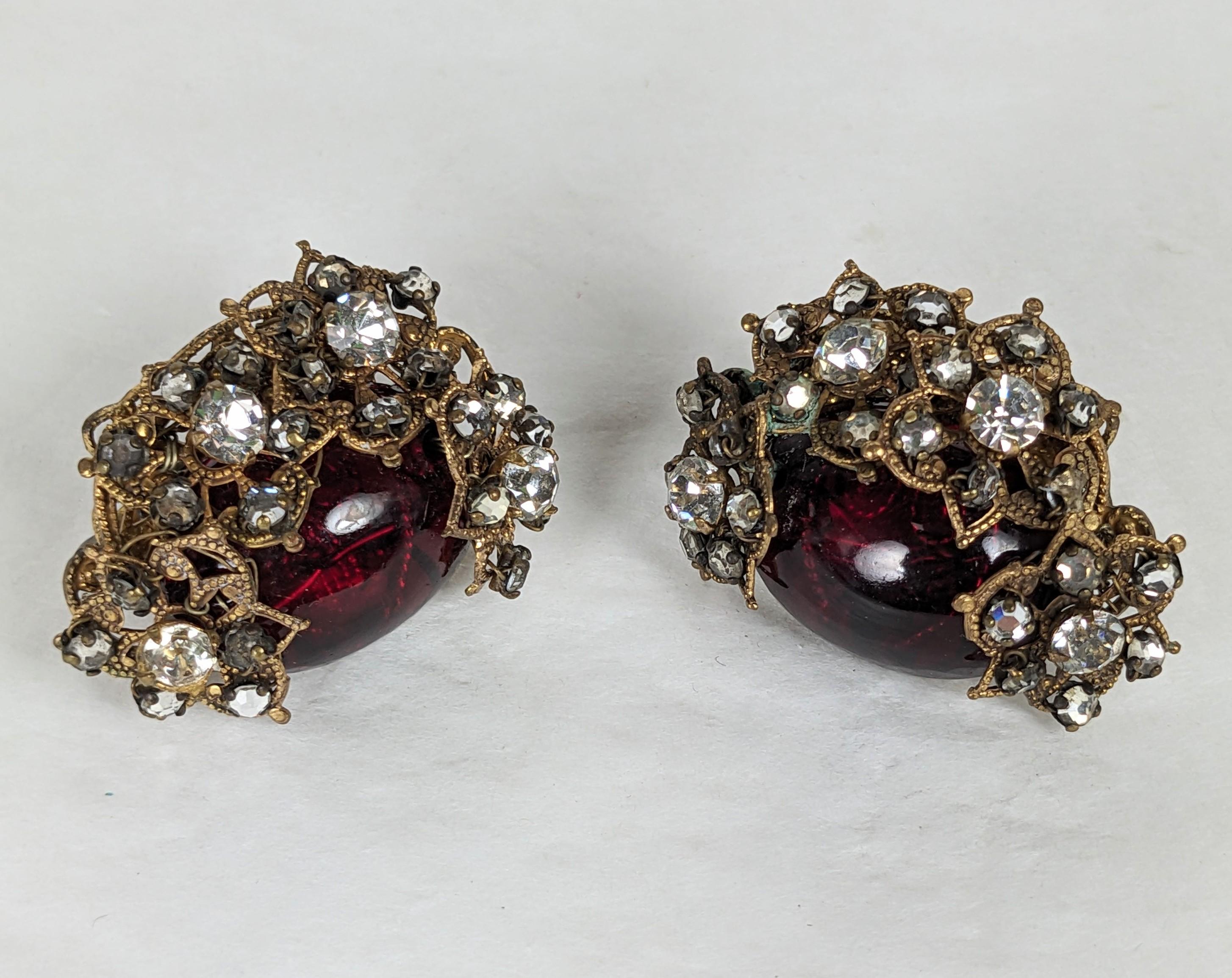 Women's or Men's Miriam Haskell Ruby Cabochon and Crystal Earrings For Sale