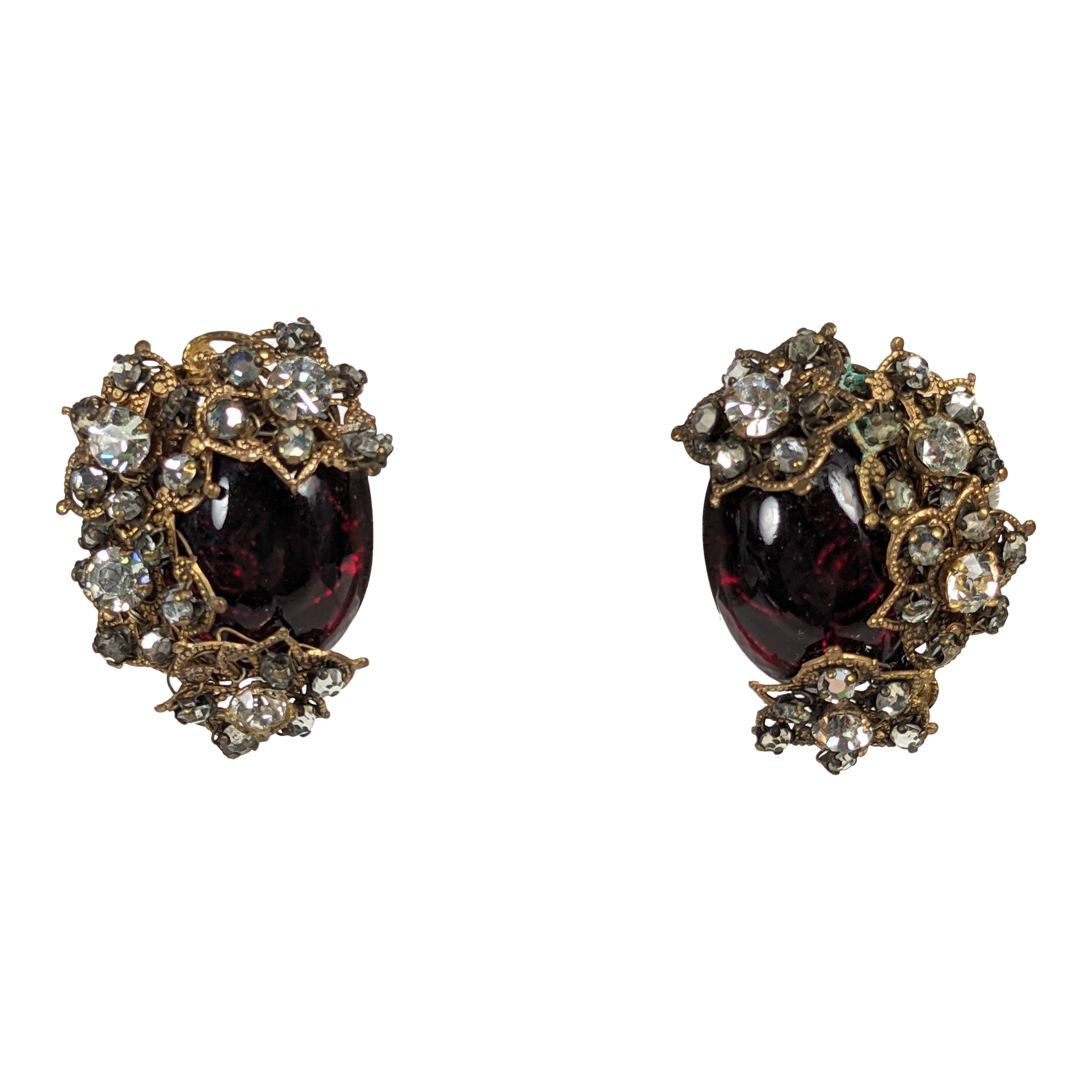 Miriam Haskell Ruby Cabochon and Crystal Earrings For Sale