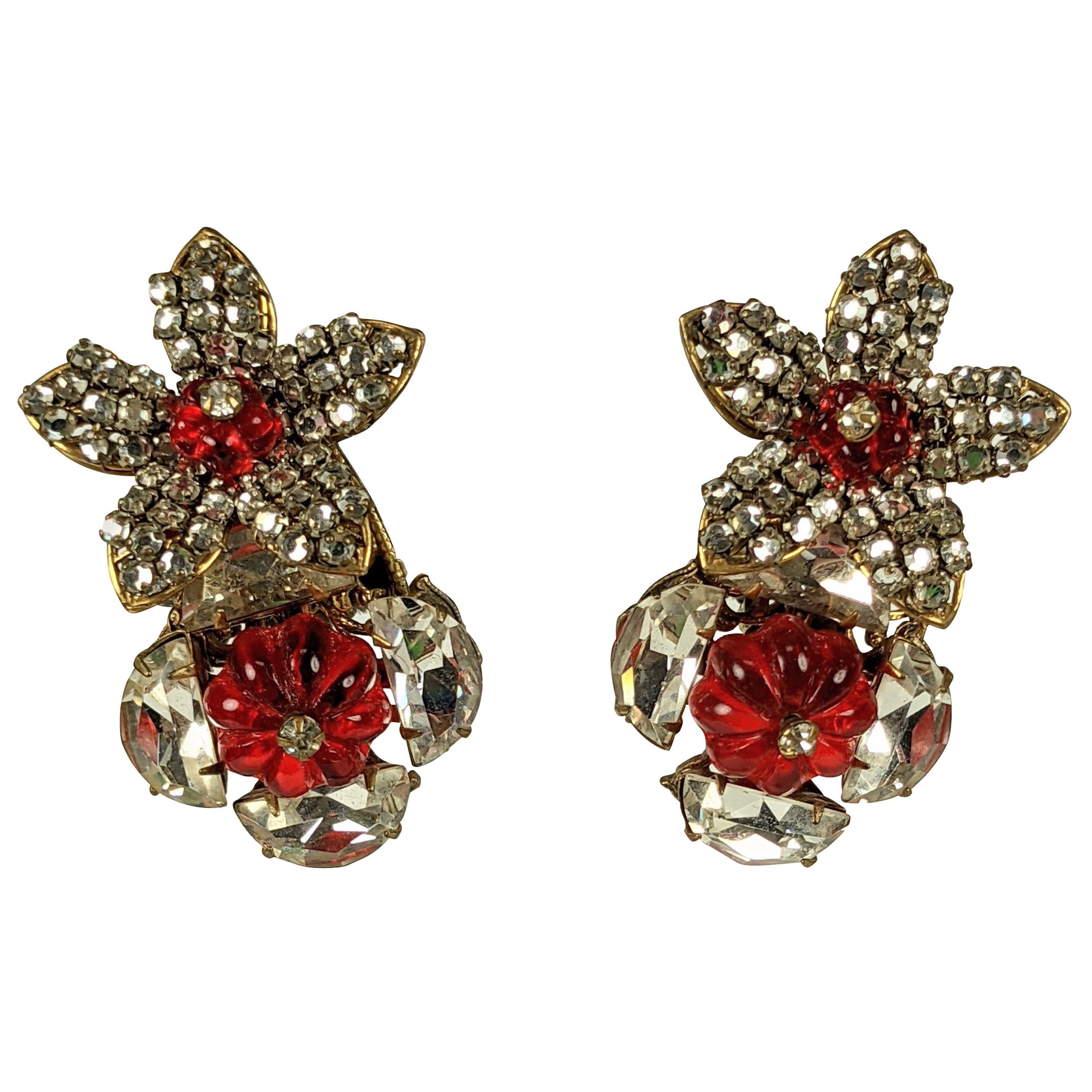 Miriam Haskell Ruby Melon Bead Gripoix Glass Earclips