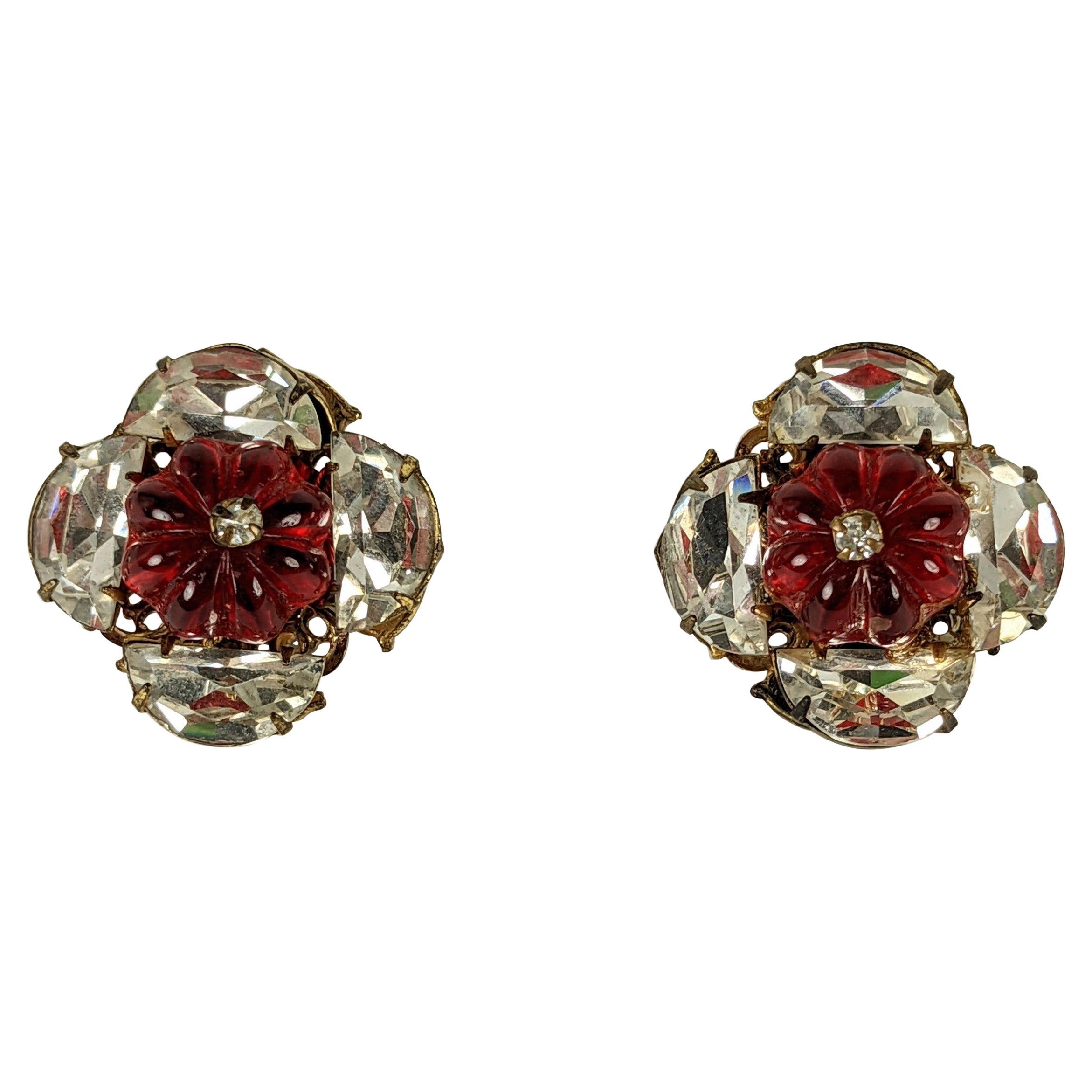 Miriam Haskell Ruby Melon Bead Gripoix Glass Earclips