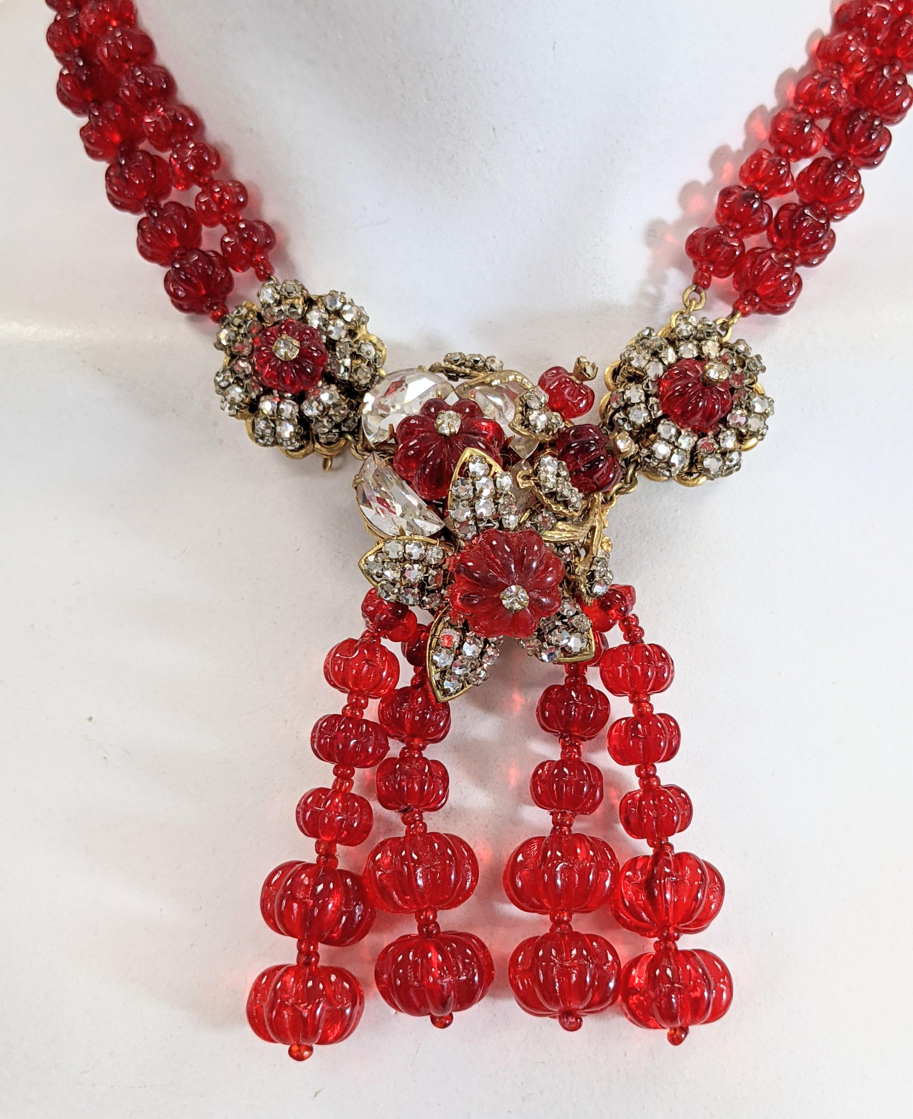 Miriam Haskell Ruby Melon Gripoix Glass Bead Necklace In Excellent Condition In New York, NY