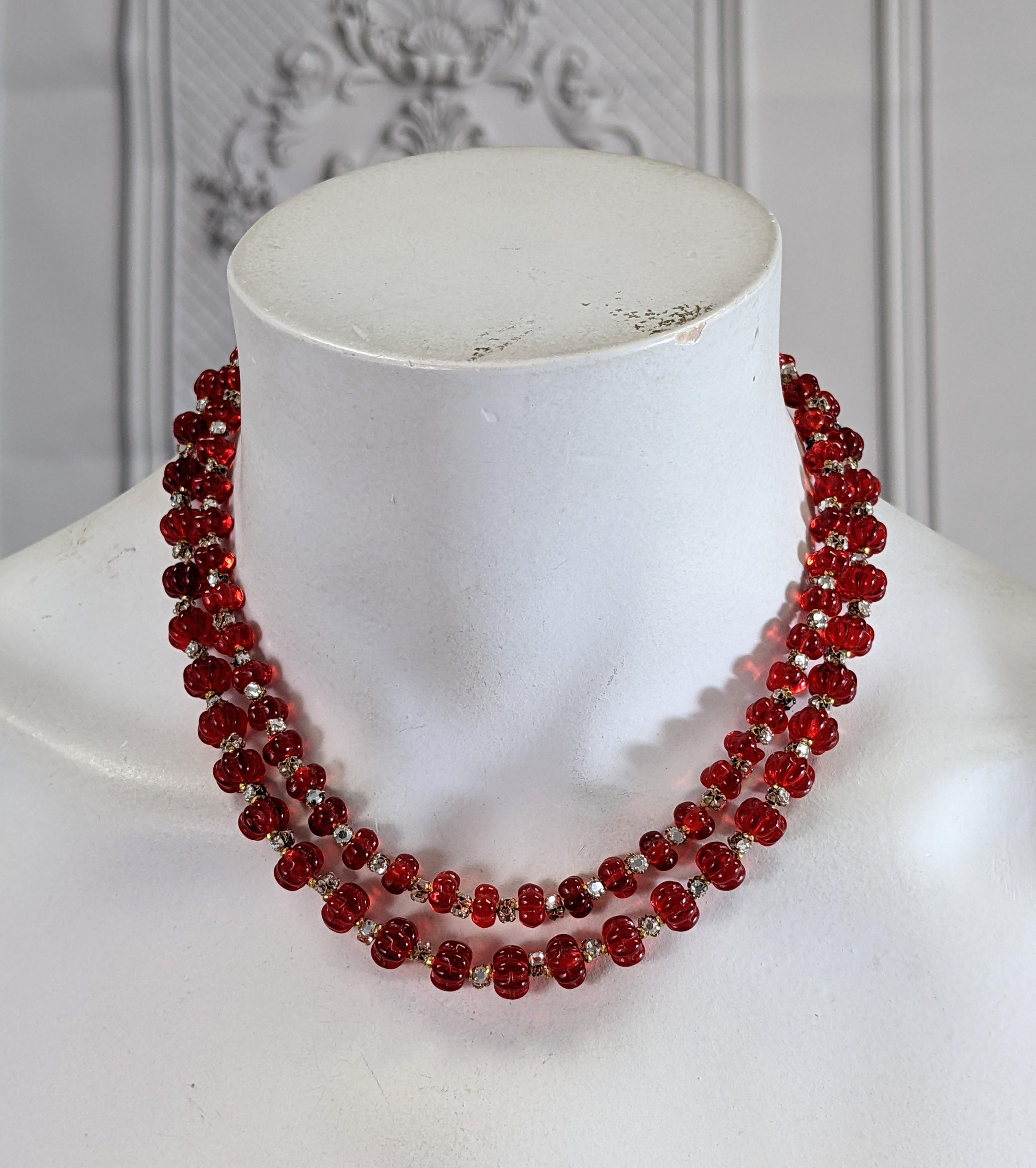Miriam Haskell Ruby Melon Gripoix Glass Bead Necklace In Excellent Condition For Sale In New York, NY