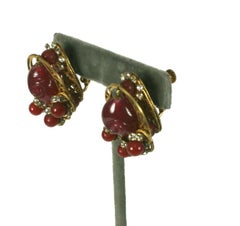 Miriam Haskell Ruby Pate de Verre and Diamante Earclips