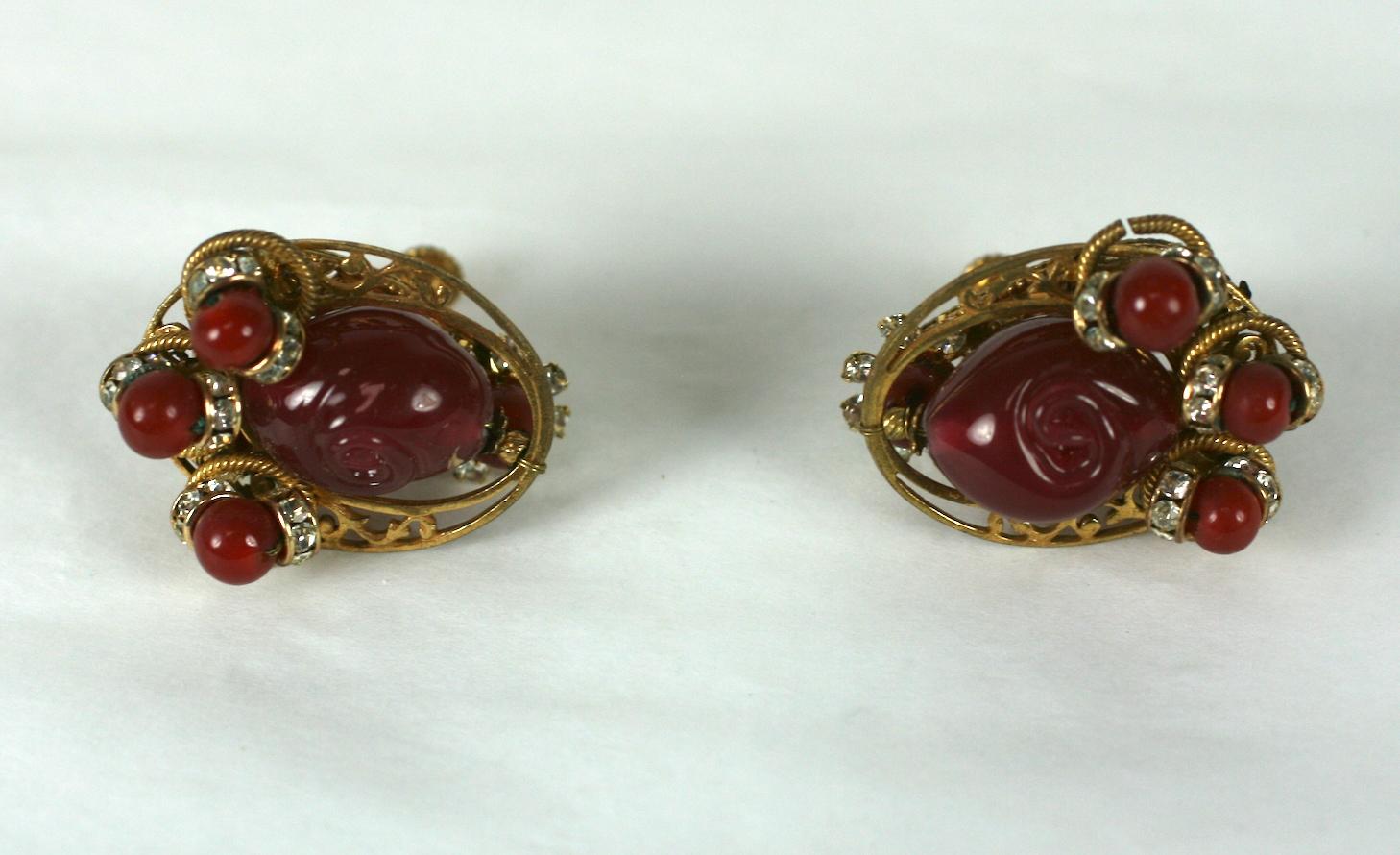 Miriam Haskell Ruby Pate de Verre and Diamante Earclips In Excellent Condition For Sale In New York, NY