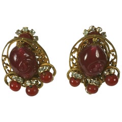 Retro Miriam Haskell Ruby Pate de Verre and Diamante Earclips