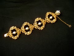 Miriam Haskell Russian Gilt Metal Baroque Glass Pearl Link Bracelet circa 1950s
