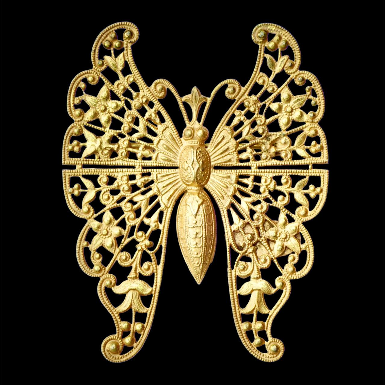 Miriam Haskell Russian Gold Plated Ornate Butterfly Brooch For Sale 1