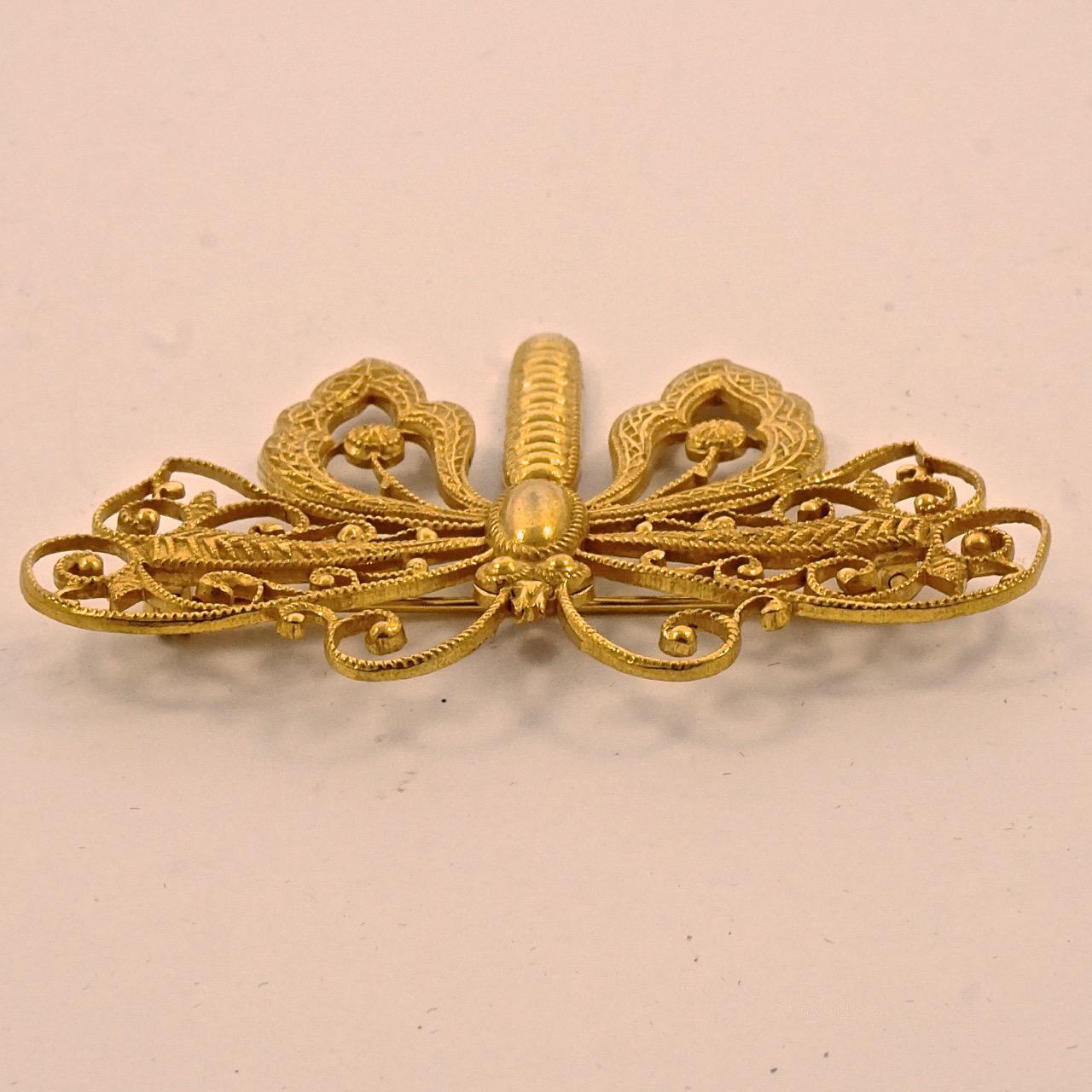 Miriam Haskell Russian Gold Plated Ornate Butterfly Brooch 1