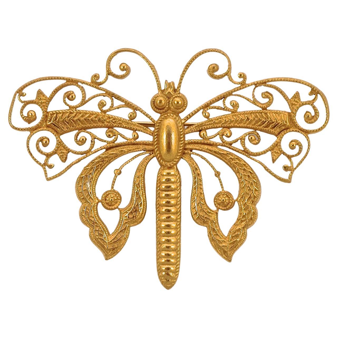 Miriam Haskell Russian Gold Plated Ornate Butterfly Brooch