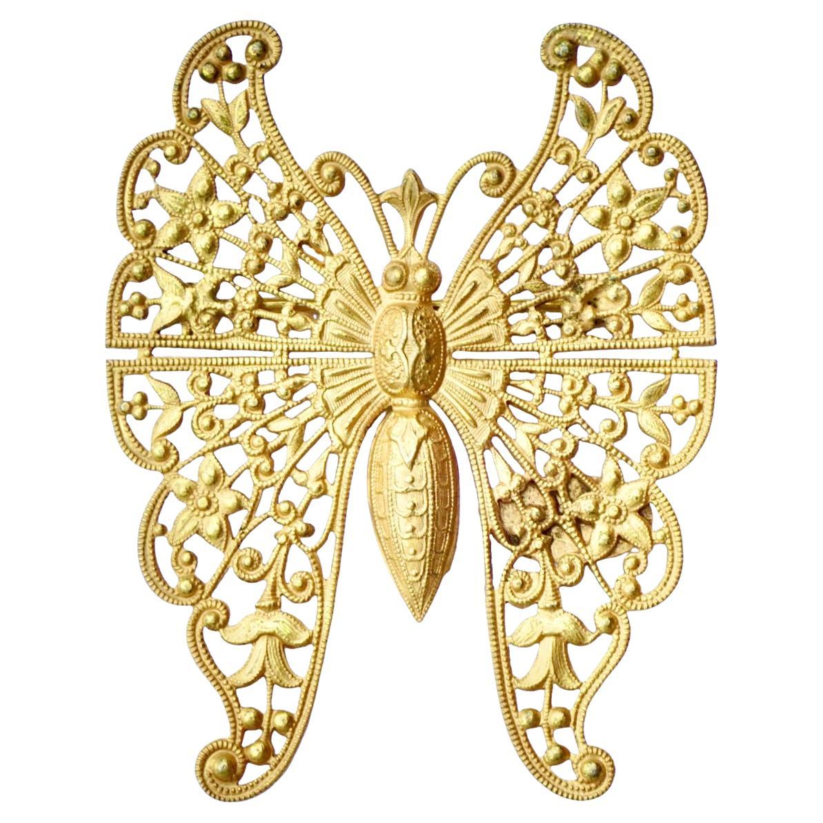 Miriam Haskell Broche de mariposa ornamentado ruso chapado en oro