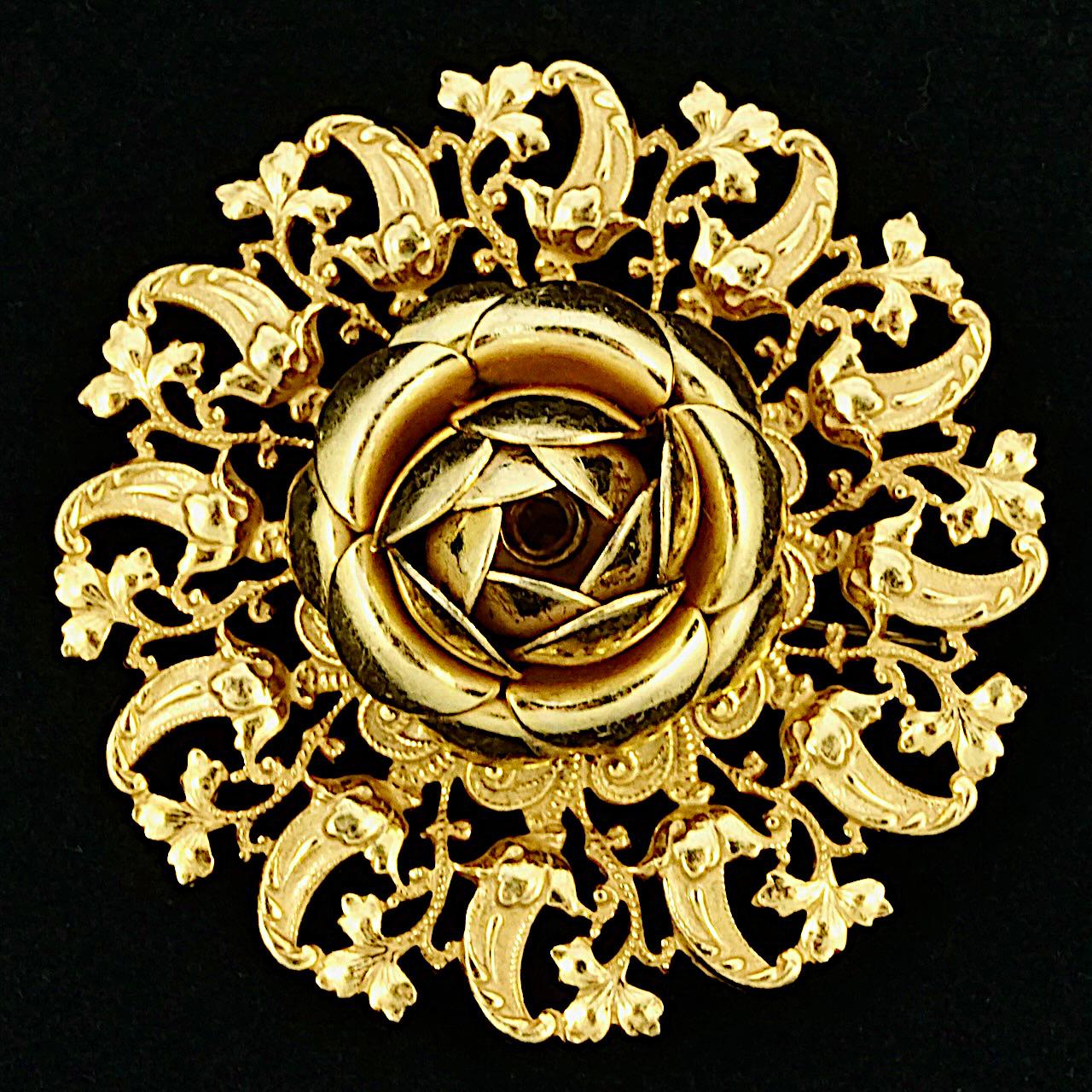 Women's or Men's Miriam Haskell Russian Gold Plated Ornate Flower and Leaf Brooch For Sale