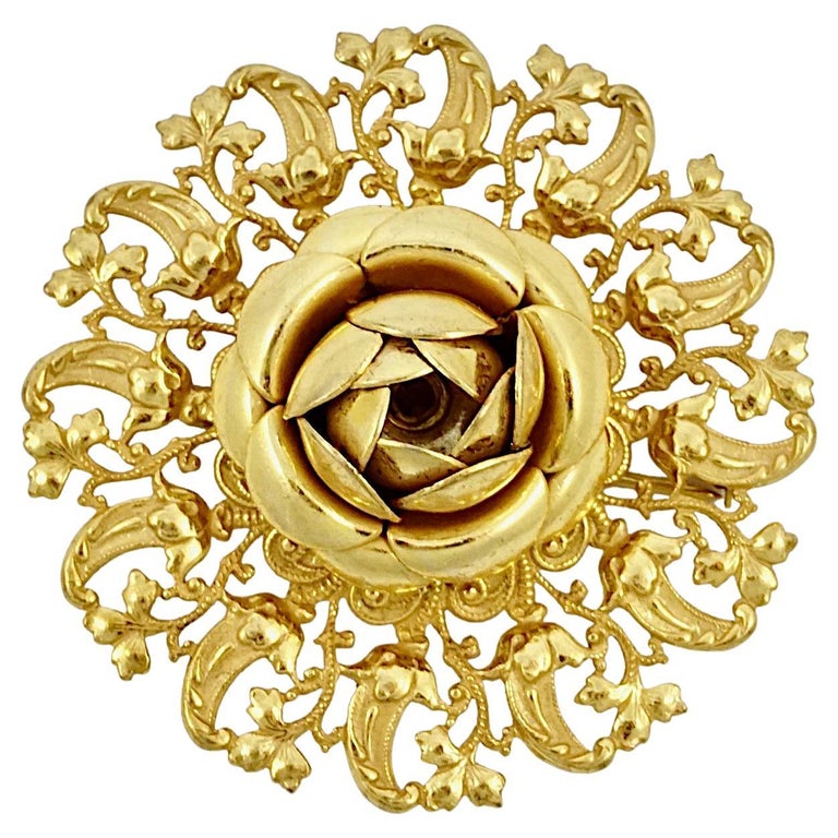 Miriam Haskell Russian Gold Plated Ornate Flower and Leaf Brooch For Sale  at 1stDibs