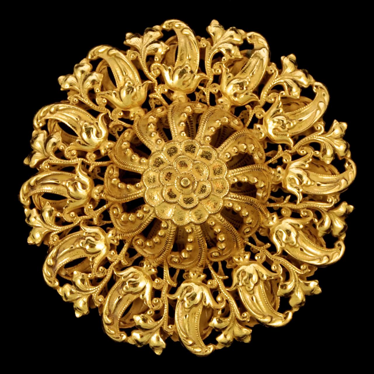 Women's or Men's Miriam Haskell Russian Gold Plated Ornate Flower and Leaf Dome Brooch