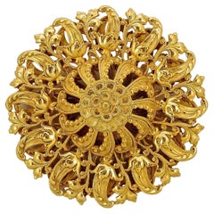 Miriam Haskell Russian Gold Plated Ornate Flower and Leaf Dome Brooch