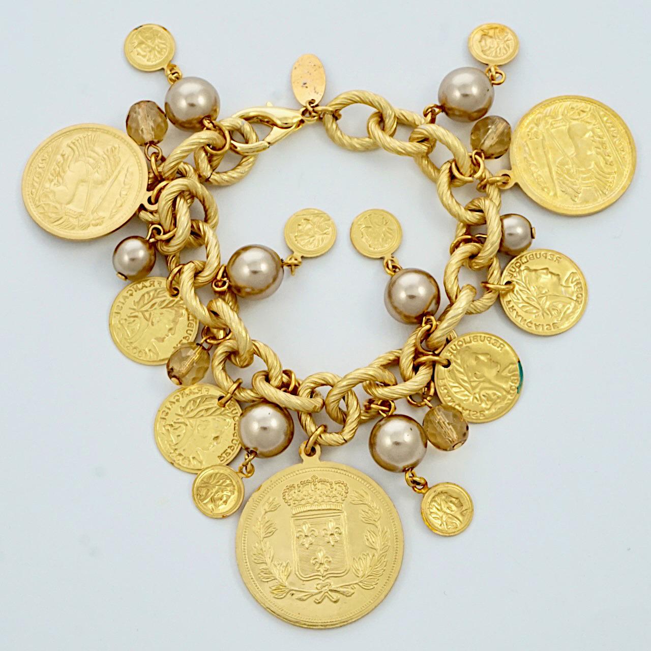 Miriam Haskell Russian Gold Plated Pearl Citrine Glass Coin Charm Bracelet  In Good Condition For Sale In London, GB