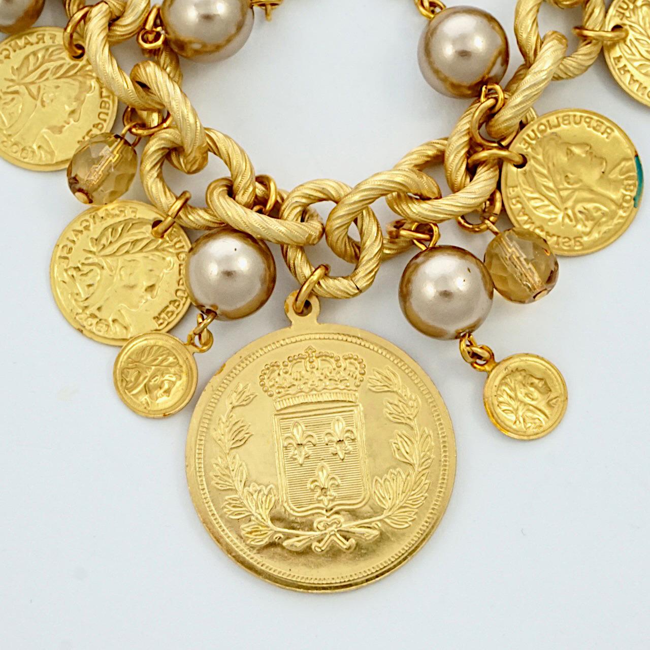 Women's or Men's Miriam Haskell Russian Gold Plated Pearl Citrine Glass Coin Charm Bracelet 