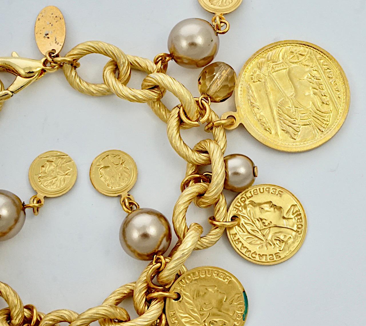 Miriam Haskell Russian Gold Plated Pearl Citrine Glass Coin Charm Bracelet 1